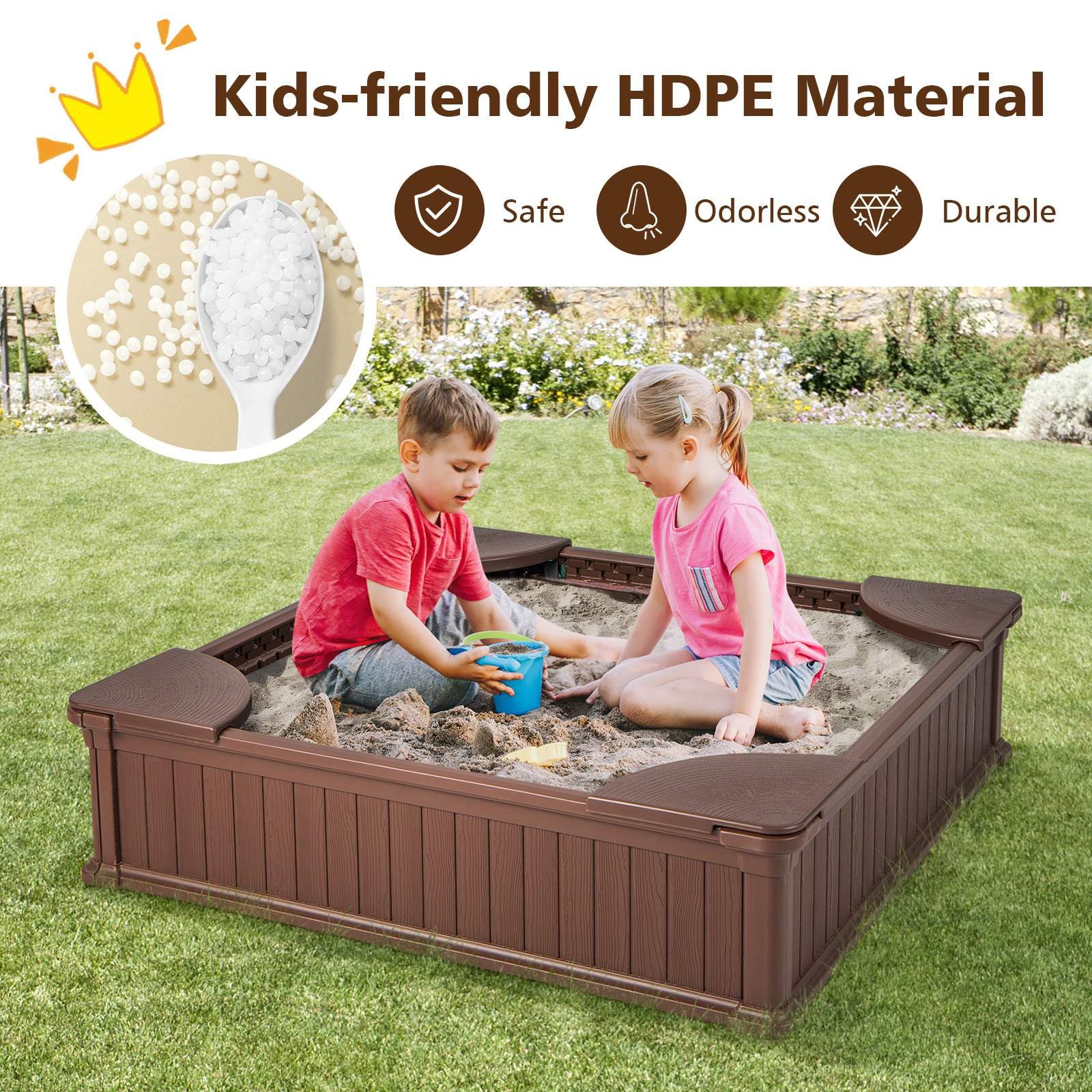 Kids Outdoor Sandbox Large HDPE Sandpit Play Toy Gift w/Cover & 4 Corner Seats