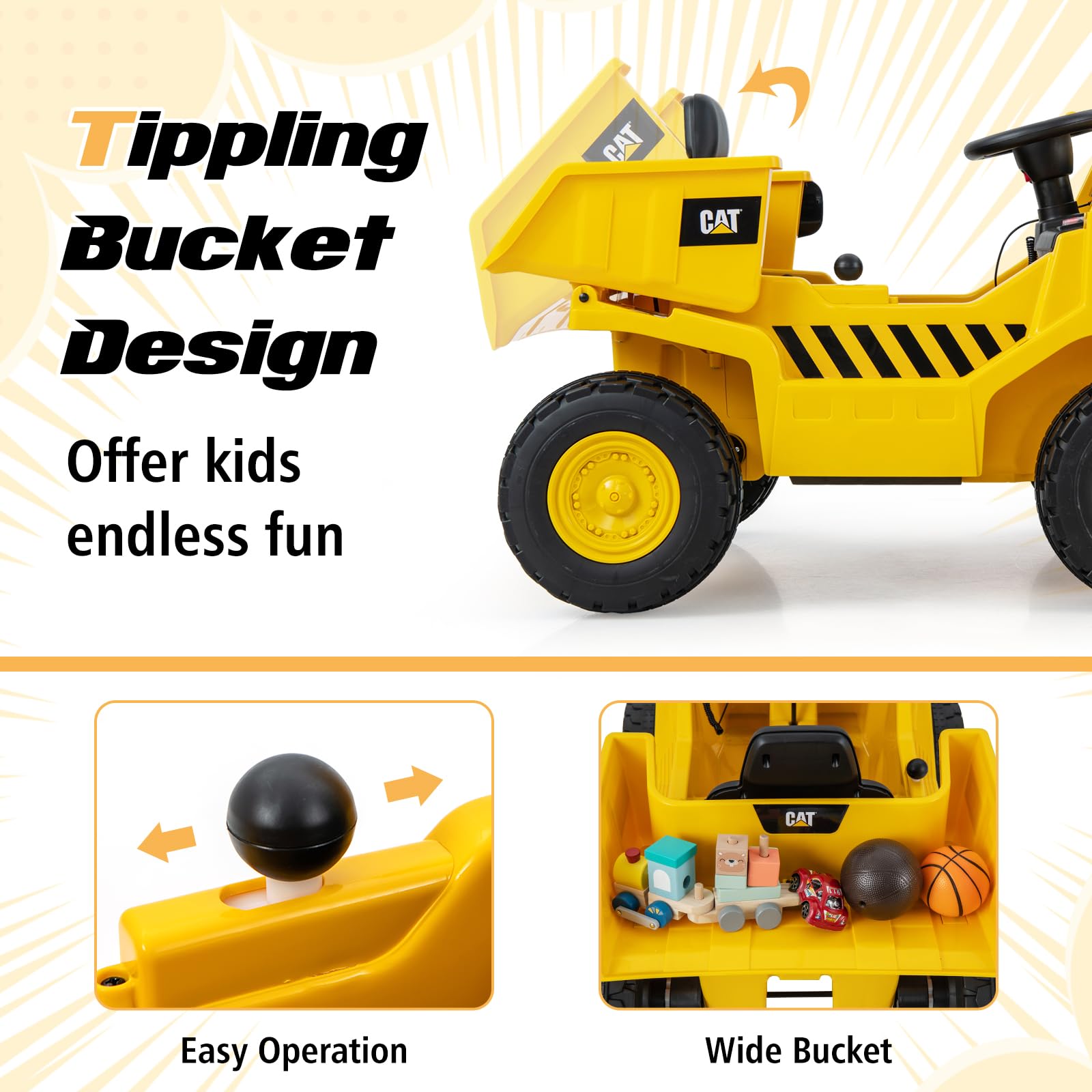 HONEY JOY Kids Ride on Dump Truck, 12V Electric Vehicle w/2.4G Remote Control, Working Megaphone