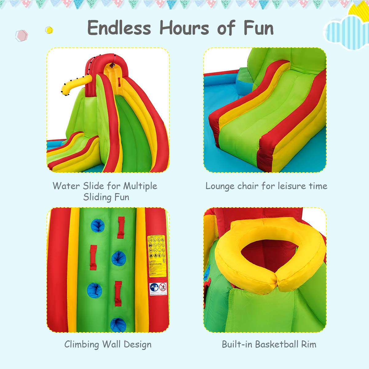 Costway Inflatable Water Park Jumping Castle, Kids Jumping Bounce House w/ 680W Air Blower