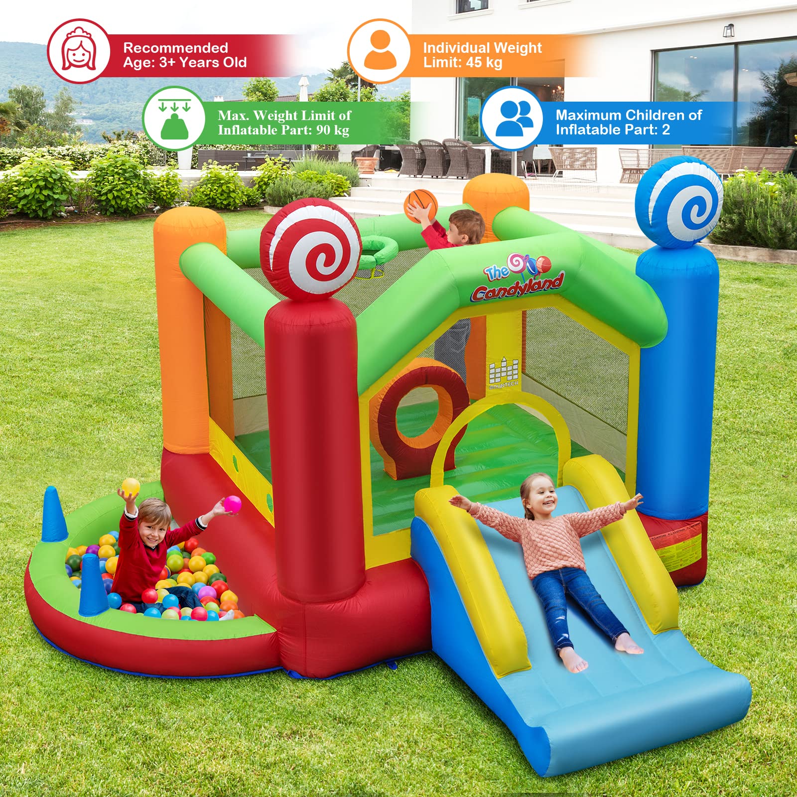 HONEY JOY Kids Inflatable Bounce House, Candy Theme Jumping Castle w/Jumping Area(with 680W Blower)