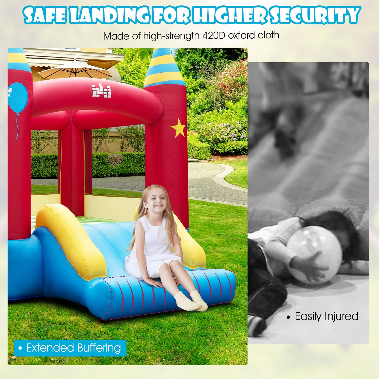 Inflatable Bounce House, Kids Bouncy Castle w/Large Jumping Area & Wide Slide