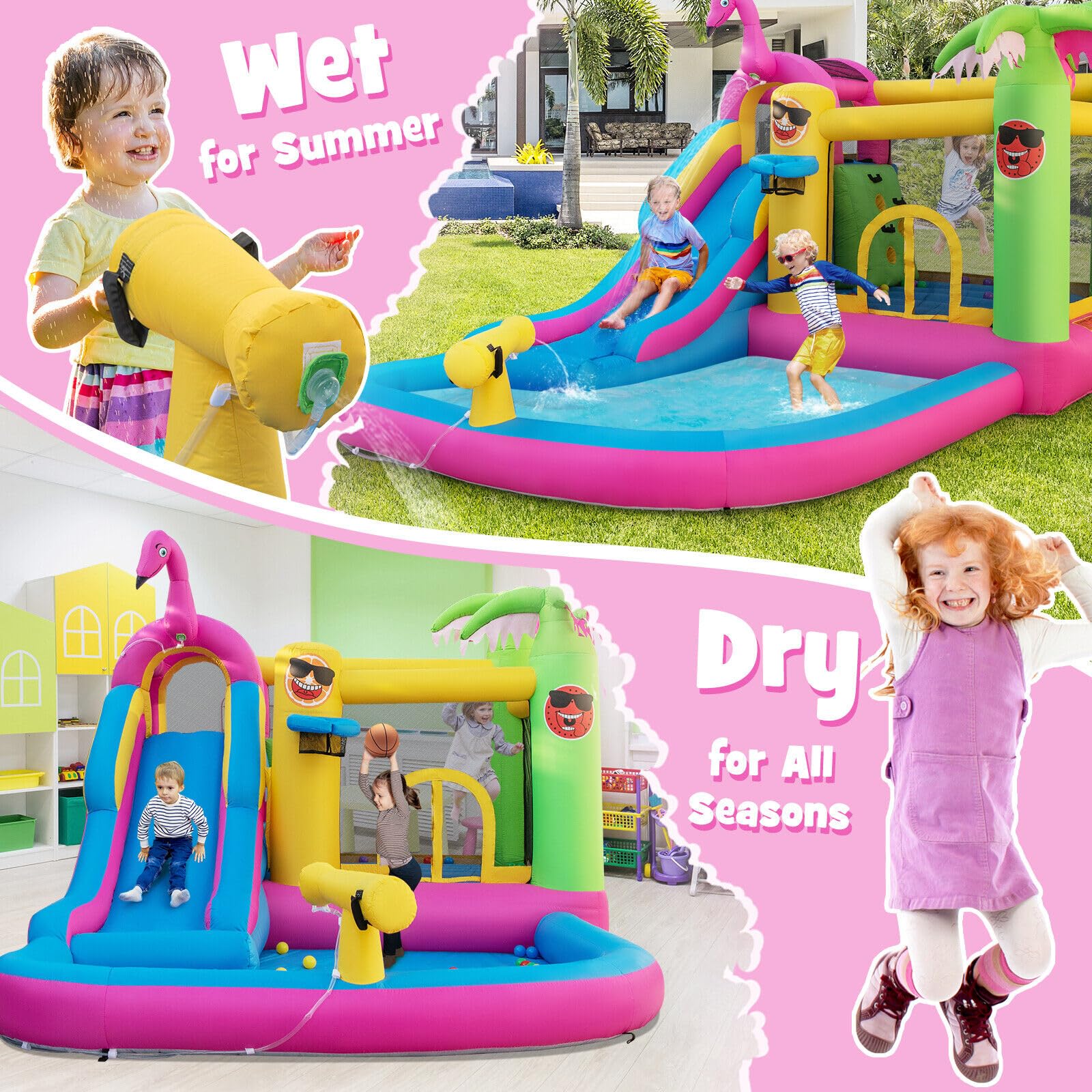 HONEY JOY Inflatable Water Slide, Inflatable Jumping Castle W/Splashing Pool, Water Gun & Climbing Wall