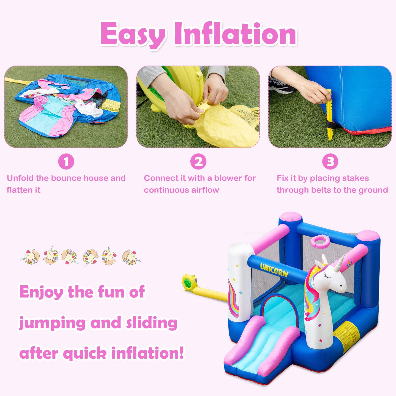 HONEY JOY Inflatable Bounce House, 3 in 1 Jumping Castle for Kids Indoor Outdoor Party (with Blower)