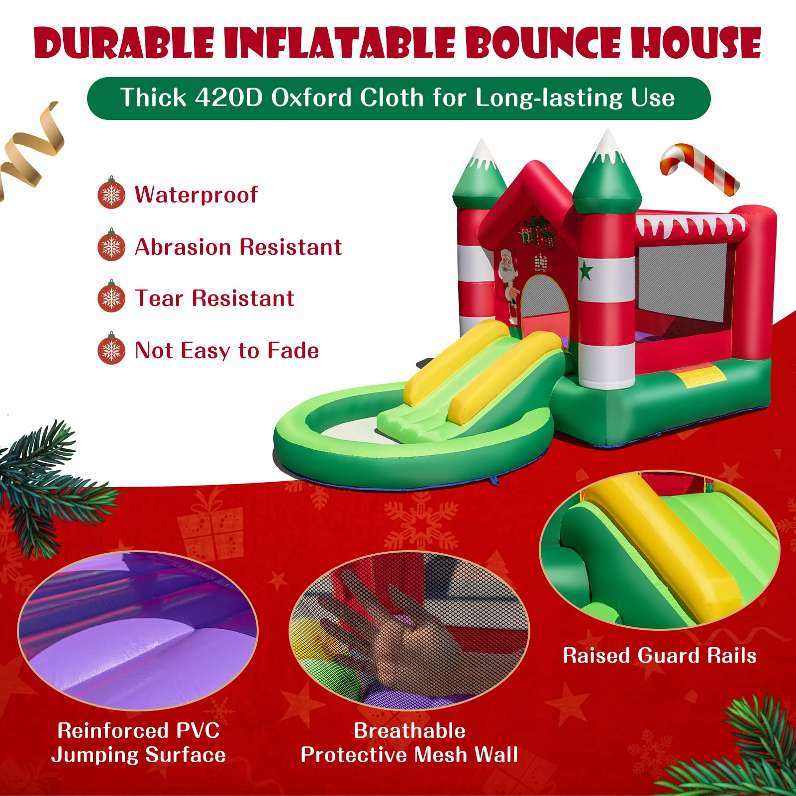 HONEY JOY Inflatable Bounce House, Christmas Themed Jumping Castle w/Slide, Trampoline(with 450W Blower)