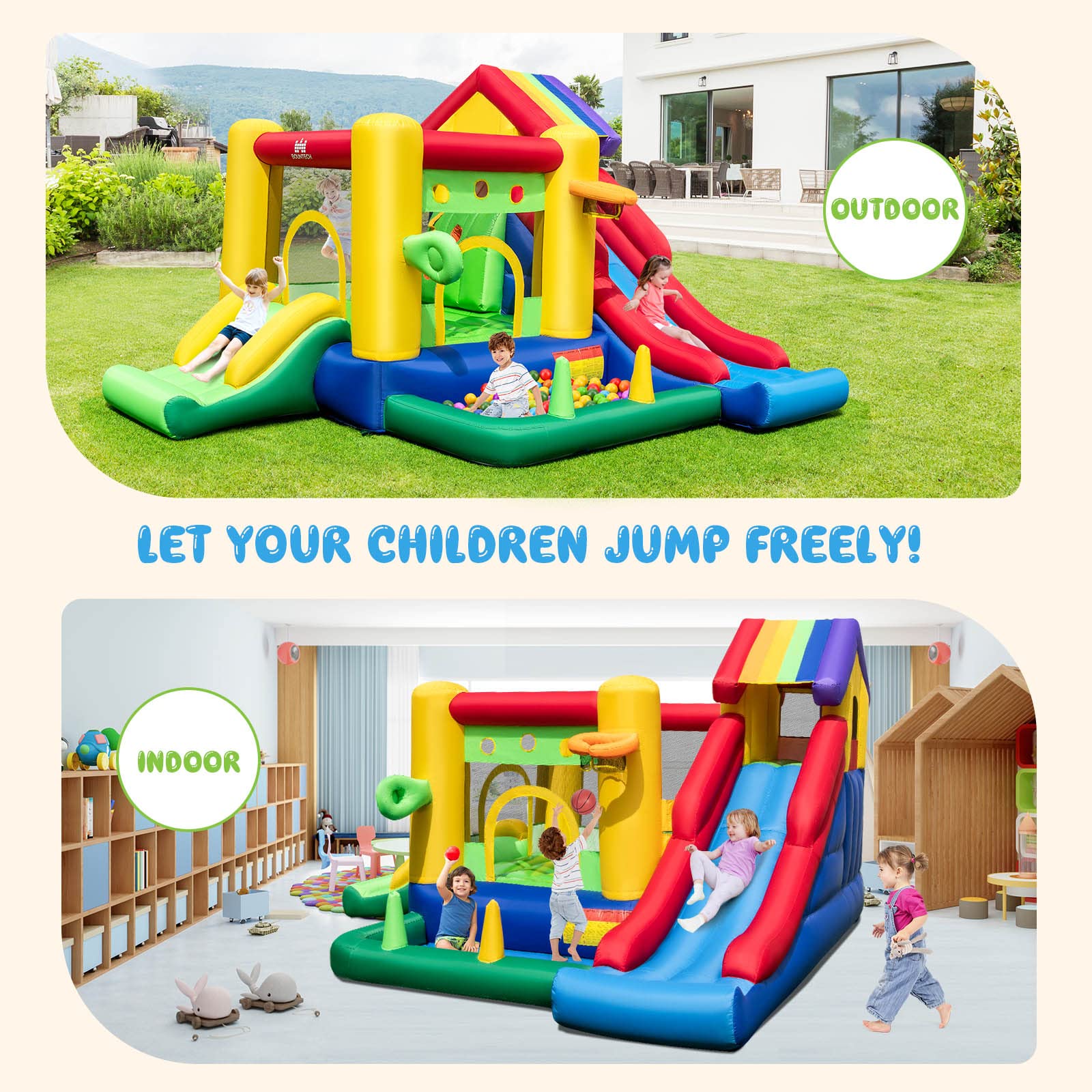 7-In-1 Inflatable Bounce House, Rainbow Jumping Castle w/Ball Pit, Double Slides (With 680W Blower)