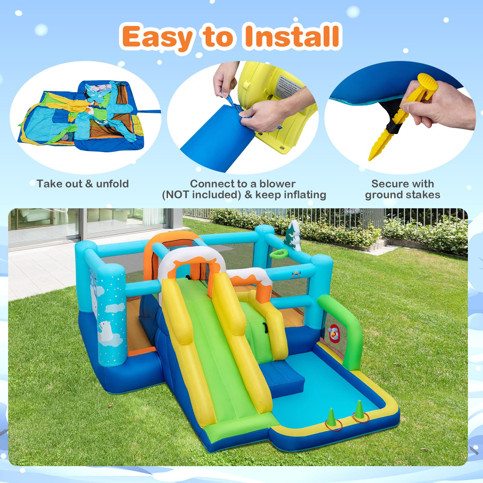 HONEY JOY Kids Inflatable Water Slide, 7-in-1 Outdoor Kids Jumping Castle w/Long Slide