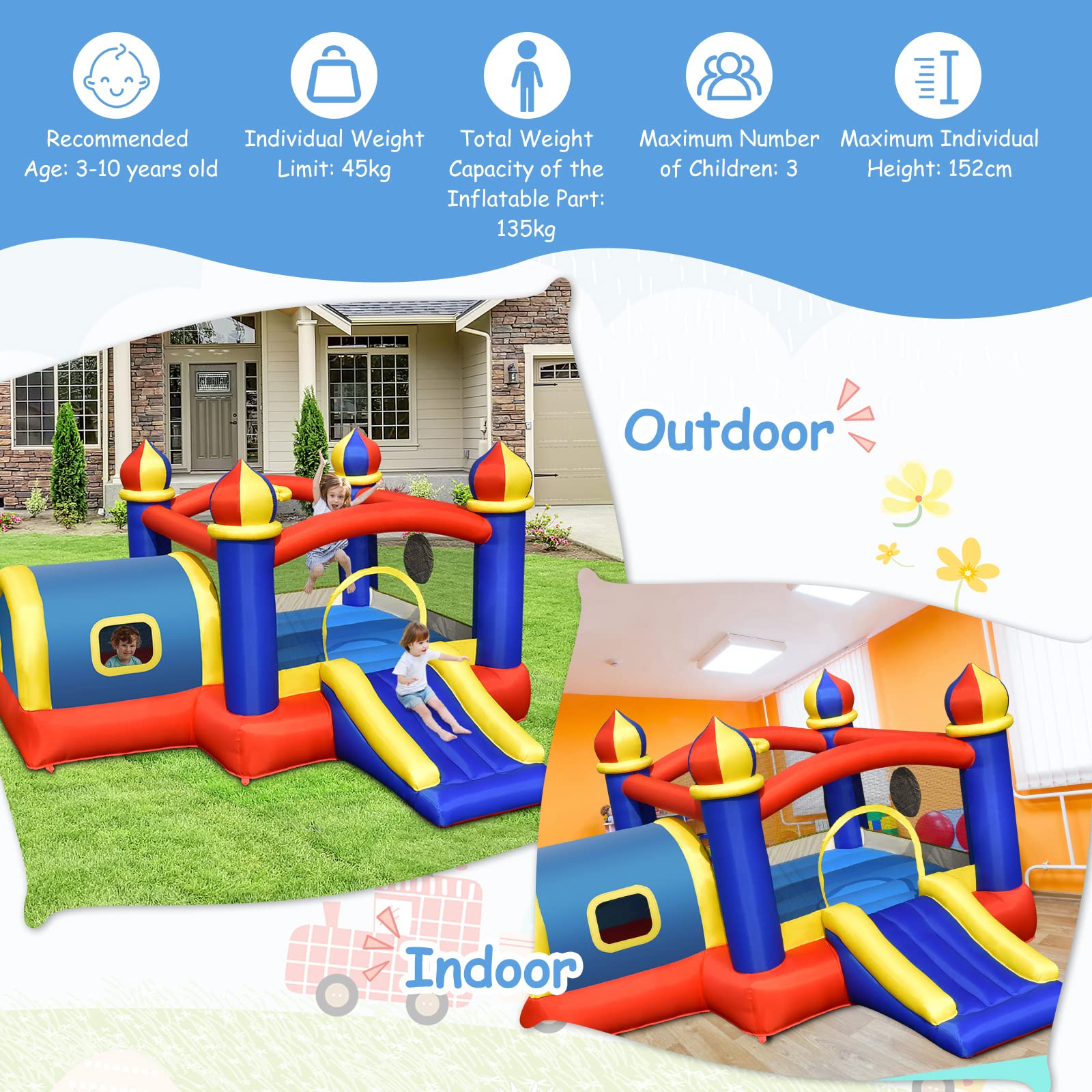 HONEY JOY Inflatable Bounce House, 5 in 1 Bouncy Castle for Kids with Playhouse(with 450W Blower)