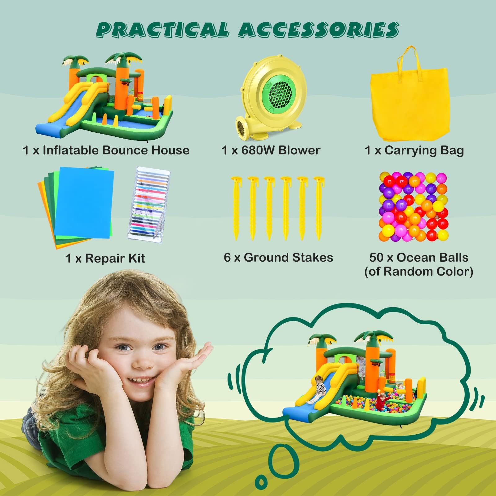 HONEY JOY 8-in-1 Kids Inflatable Bounce House, Tropical Palm Theme Jumping Castle w/2 Ball Pit Pools (with 680W Blower)