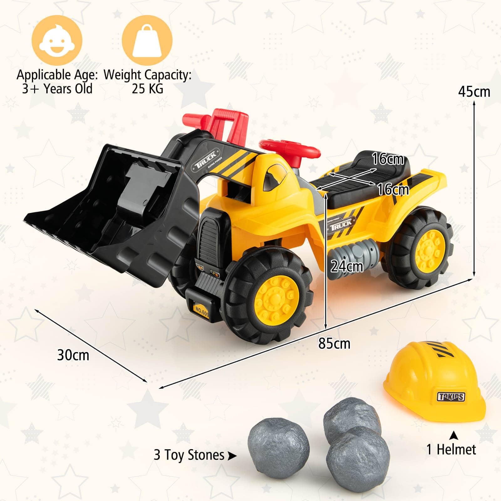 HONEY JOY Kids Ride on Excavator, Construction Digger Pulling Cart with Helmet, 3 Toy Stones