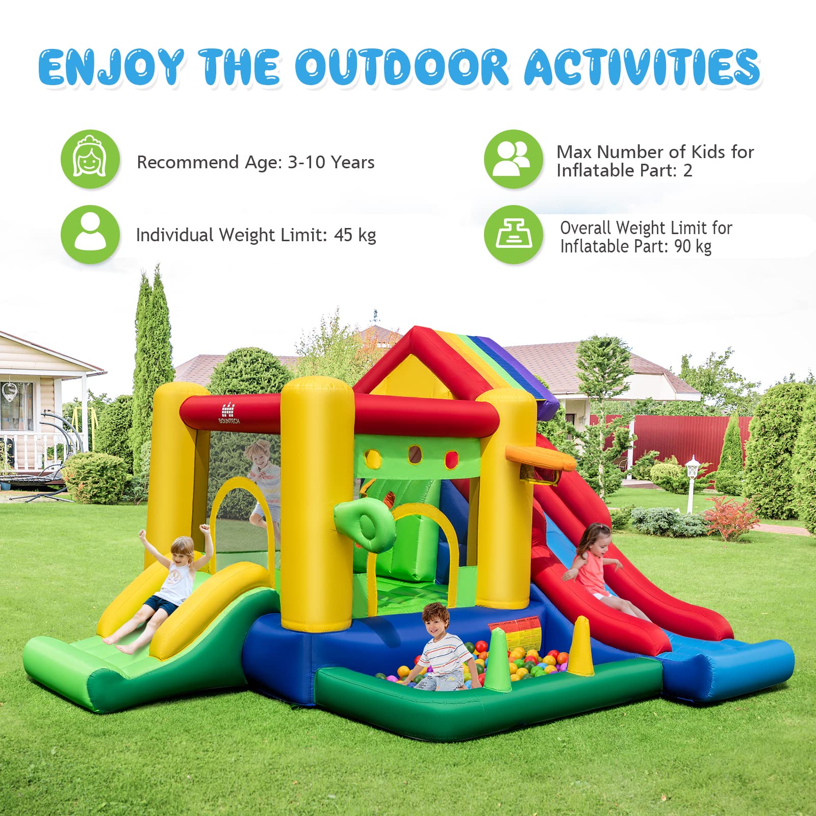 7-In-1 Inflatable Bounce House, Rainbow Jumping Castle w/Ball Pit, Double Slides (With 680W Blower)