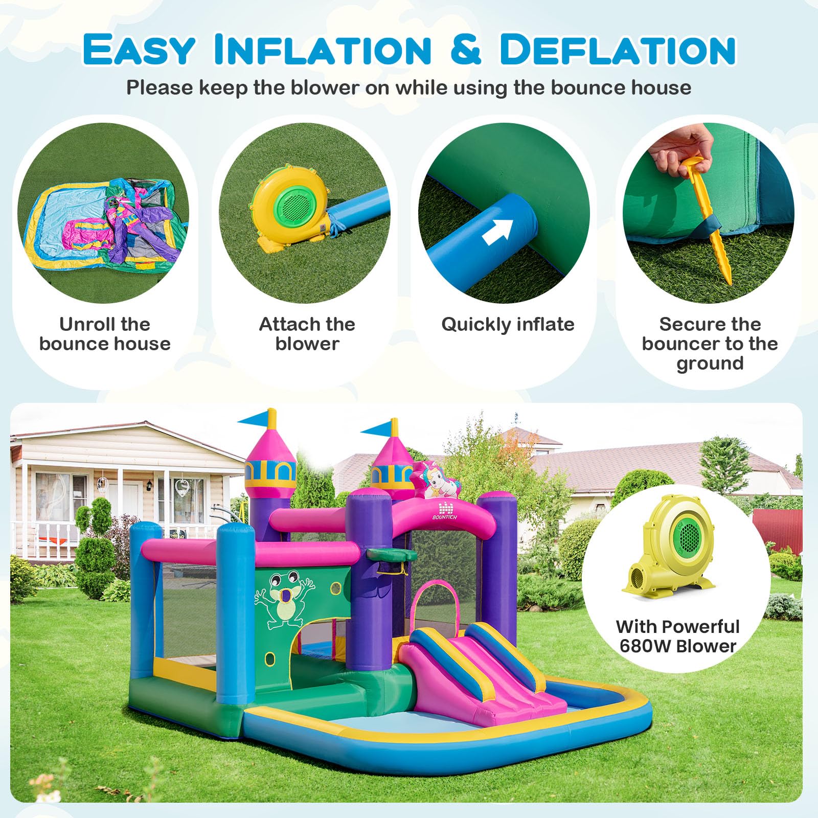 HONEY JOY Inflatable Bounce House, Colorful Kids Jumping Castle with Slide