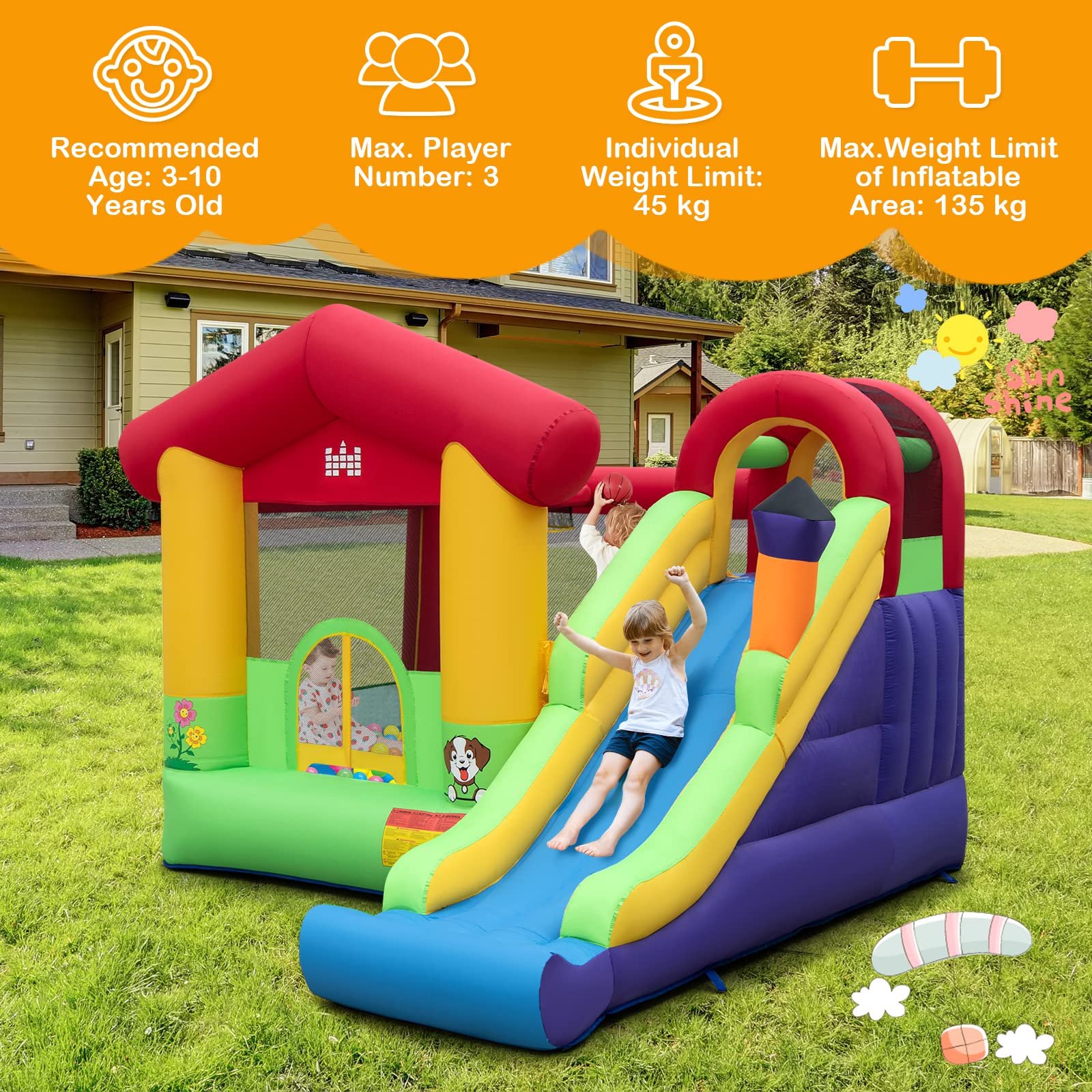 HONEY JOY Inflatable Bounce House, Jumping Castle for Kids w/Climbing Wall, Slide (with 680W Blower)