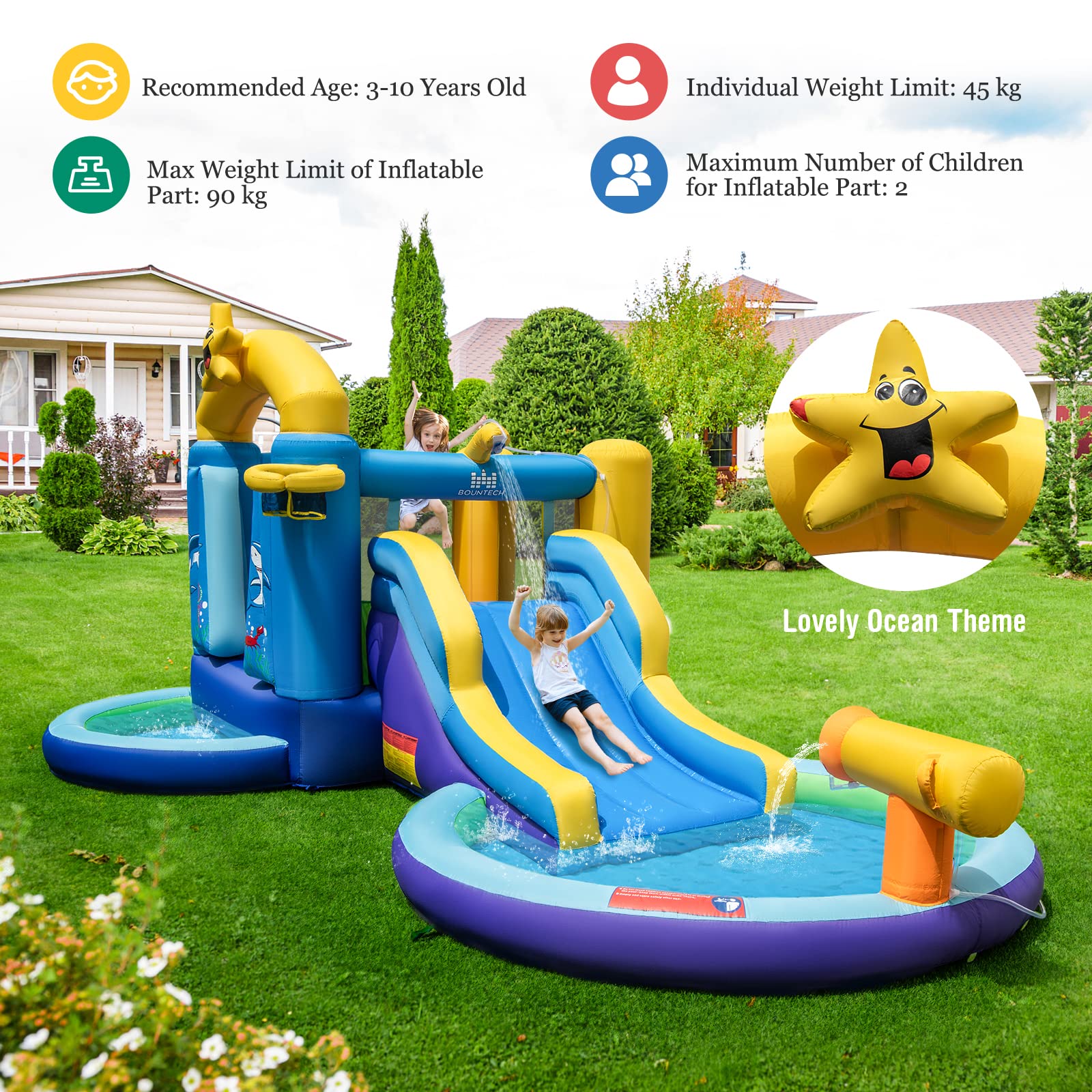 Inflatable Water Slide, Inflatable Water Park Jumping Castle w/2 Splash Pools, Basketball Hoop