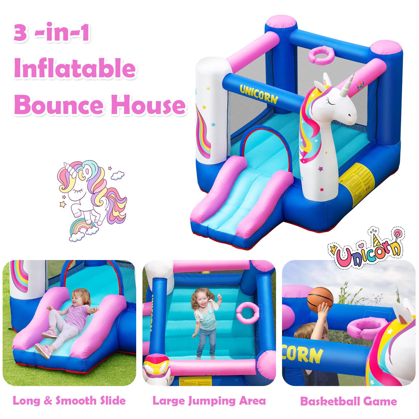 HONEY JOY Inflatable Bounce House, 3 in 1 Jumping Castle for Kids Indoor Outdoor Party (with Blower)