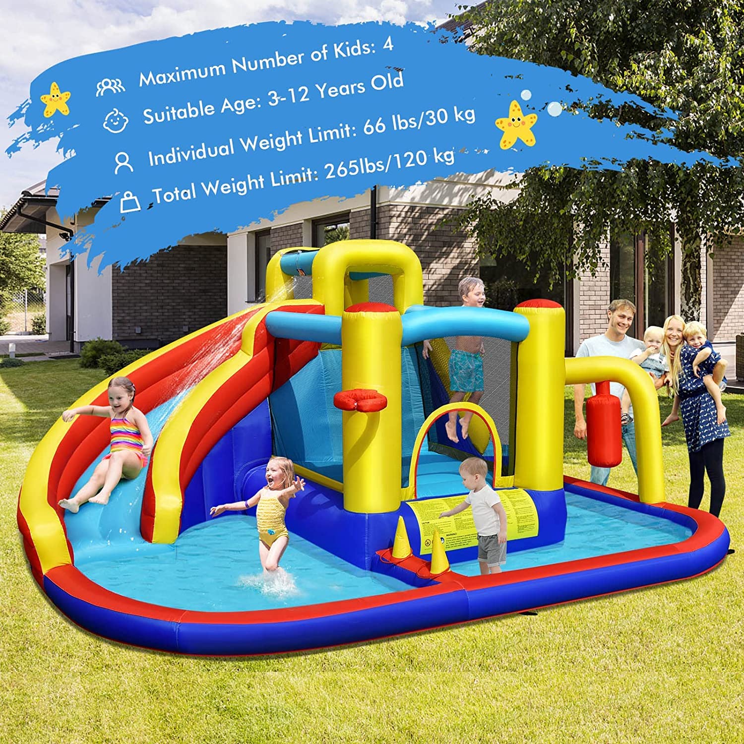 HONEY JOY Inflatable Water Slide, 7-in-1 Outdoor Kids Water Bounce House Jumping Castle(with 680W Blower)