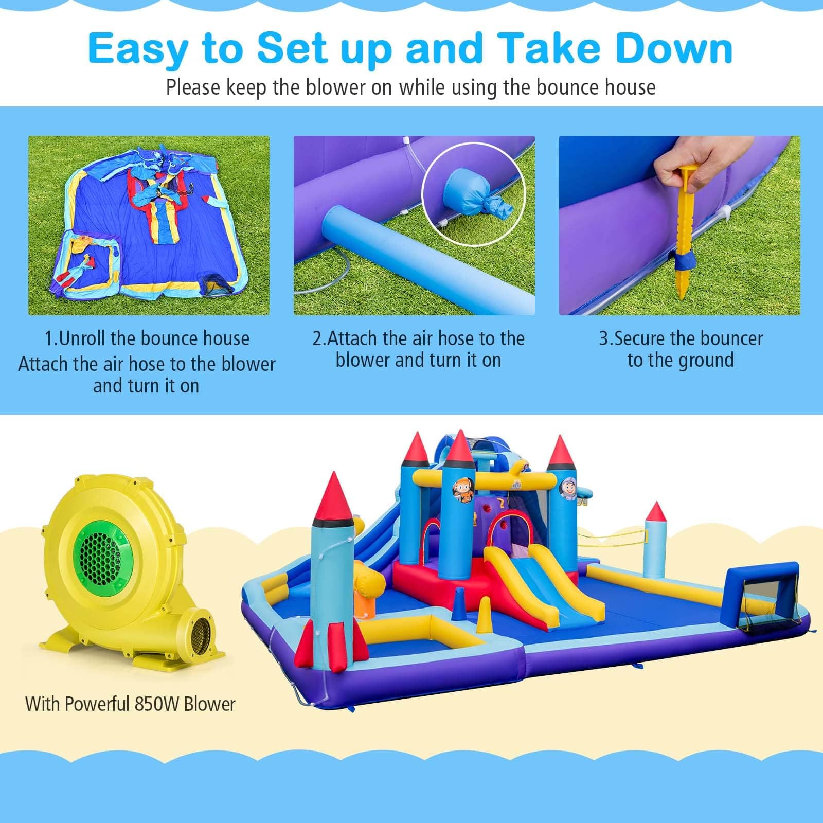 Inflatable Water Slide Park, Kids Inflatable Jumping Castle w/2 Slides, Splash Pool, Jumping Area