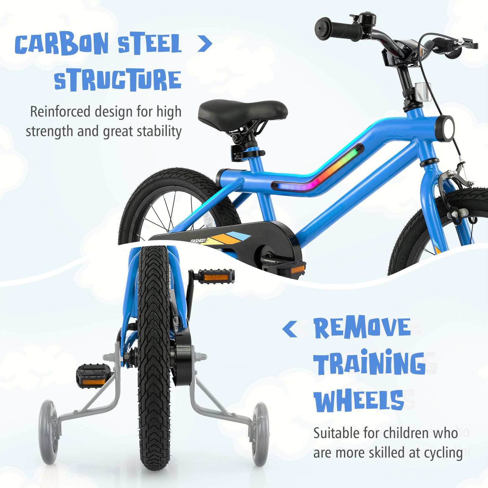 16Inch Children Bicycle with 7-Mode LED Lighted Frame, Headlight, Flash Training Wheels, Dual-Brake, 95% Pre-Assembled