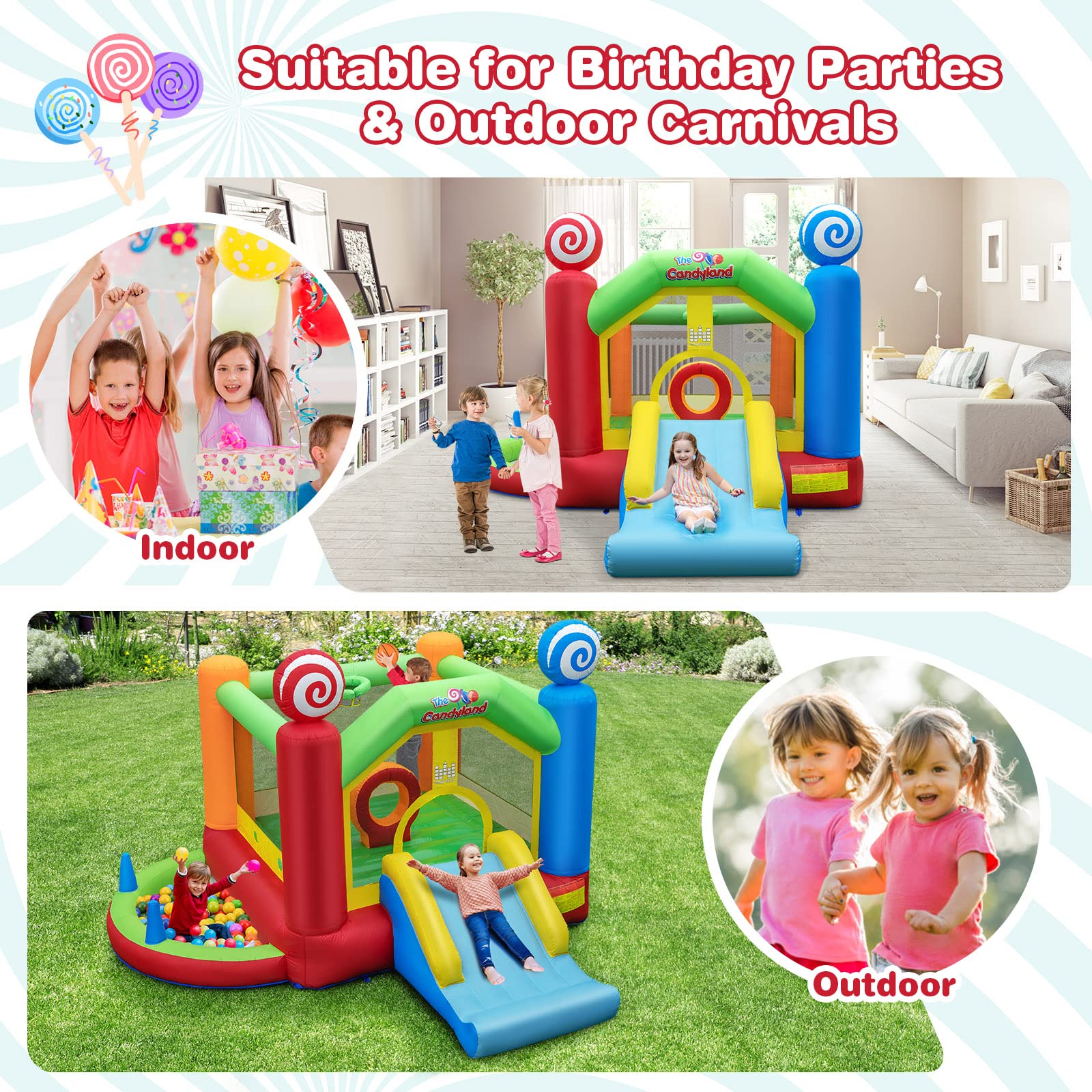 HONEY JOY Kids Inflatable Bounce House, Candy Theme Jumping Castle w/Jumping Area(with 680W Blower)