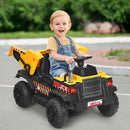 HONEY JOY Ride on Car, 12V Dump Truck with Remote Control, Electric Dump Bed, Music, Horn, USB, AUX, Treaded Tires, Shovel