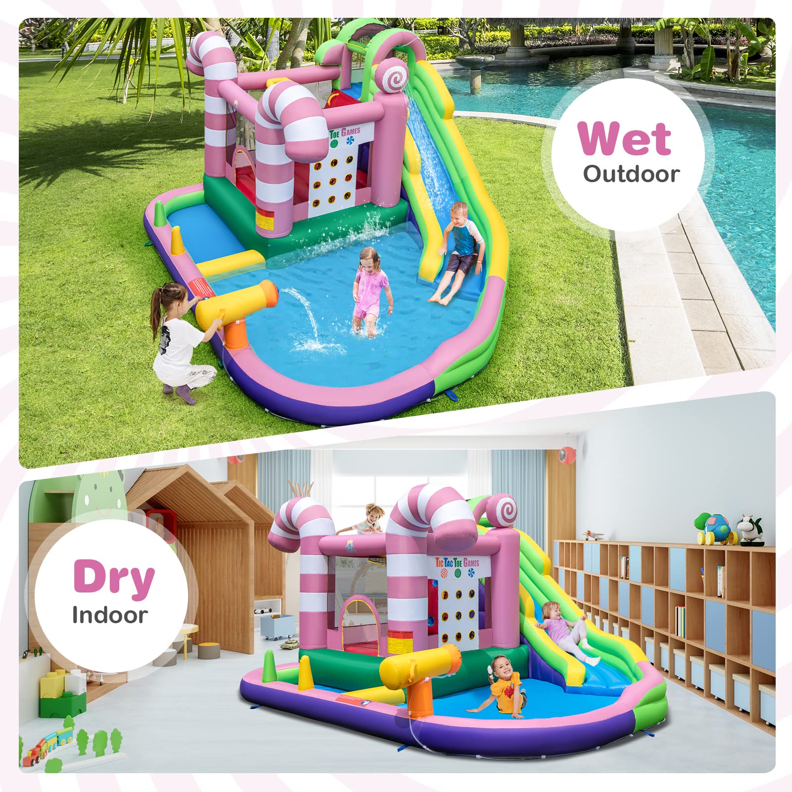 HONEY JOY Inflatable Water Slide, Wet Dry Inflatable Water Park Jumping Castle w/Long Slide, Splash Pool