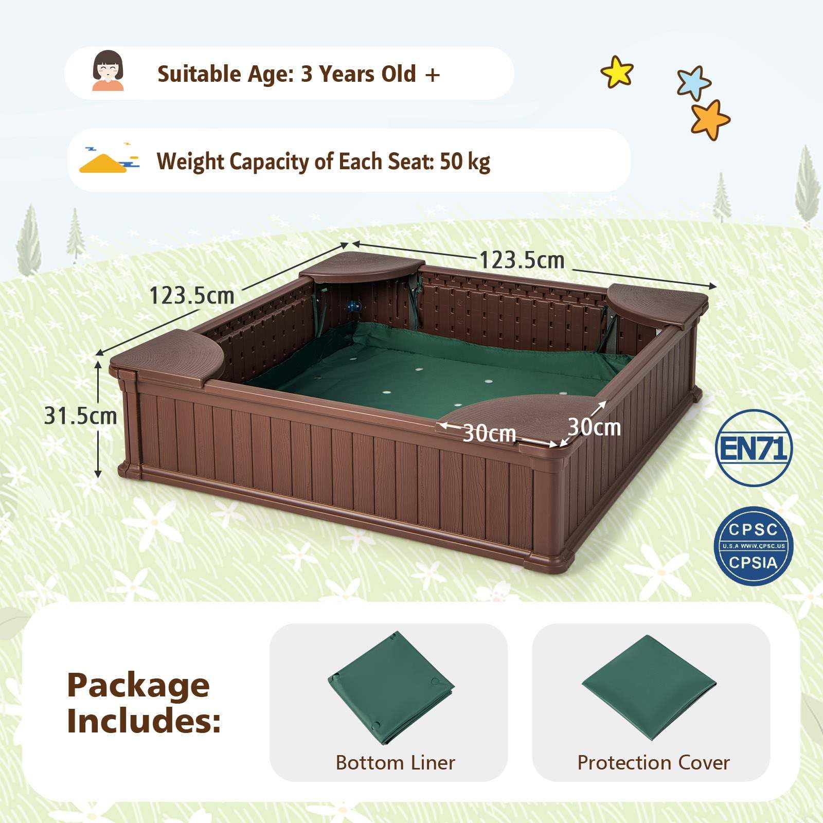 Kids Outdoor Sandbox Large HDPE Sandpit Play Toy Gift w/Cover & 4 Corner Seats