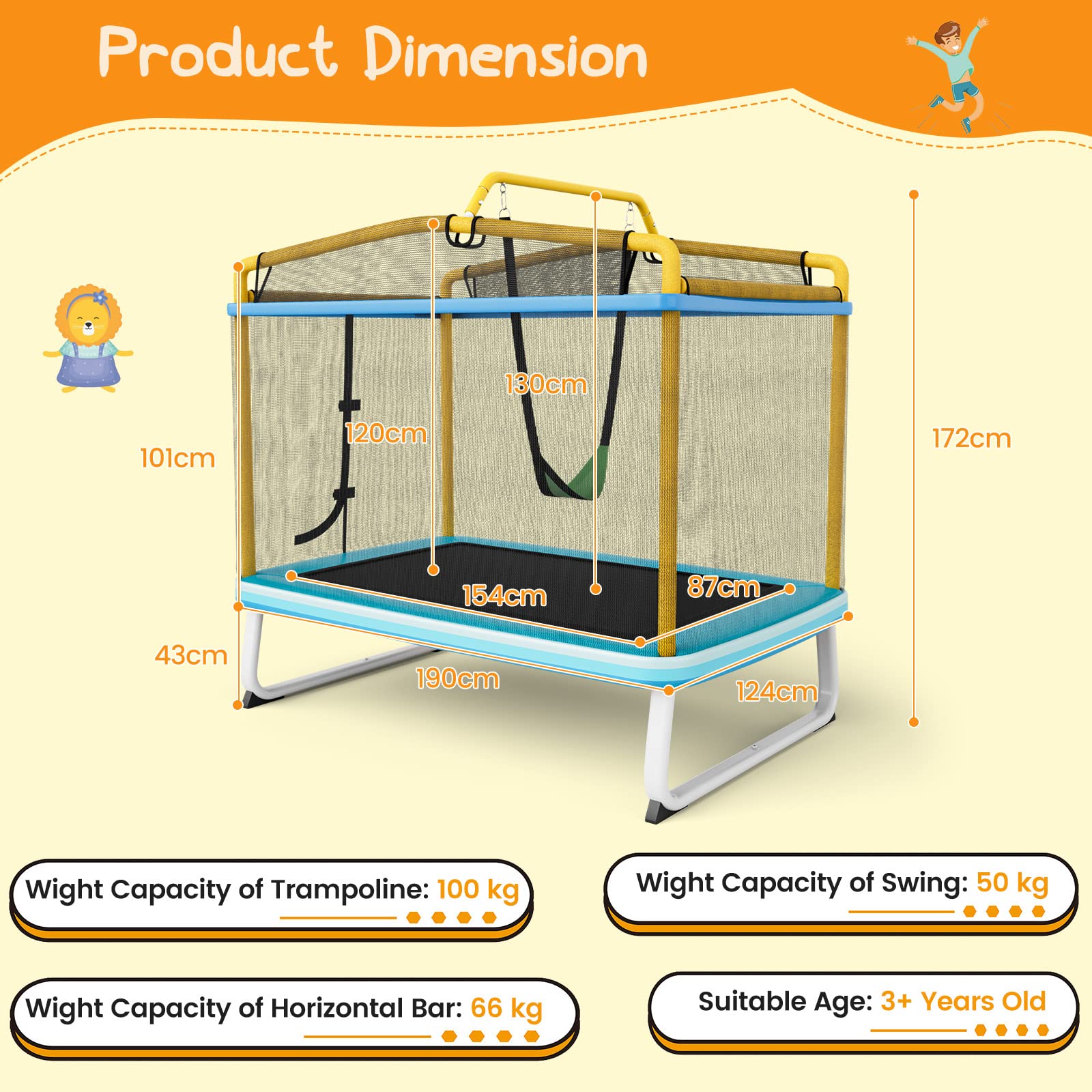 HONEY JOY 6FT Kids Trampoline, 3-in-1 Trampoline w/Swing & Horizontal Bar, Rectangle Toddler Trampoline