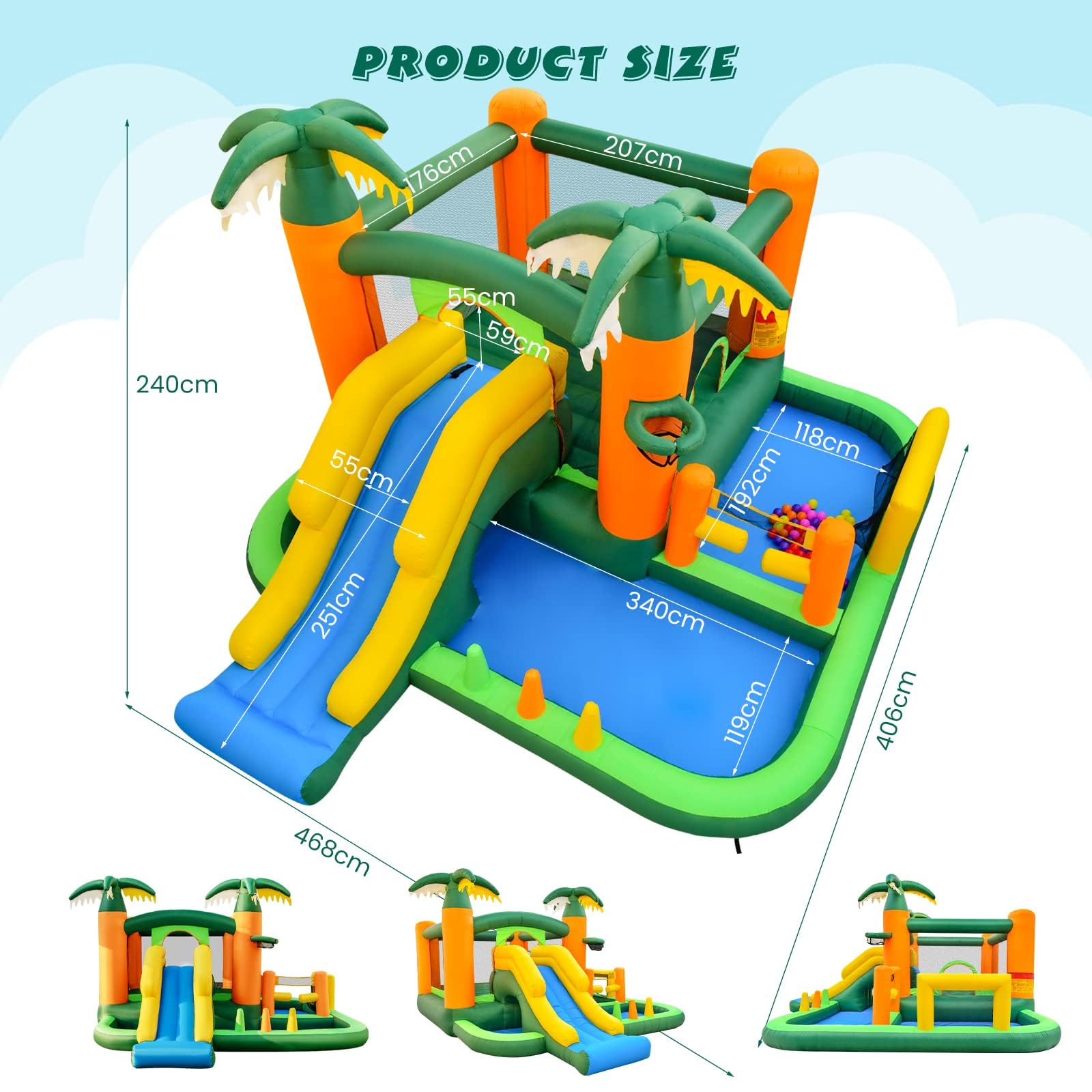 HONEY JOY 8-in-1 Kids Inflatable Bounce House, Tropical Palm Theme Jumping Castle w/2 Ball Pit Pools (with 680W Blower)