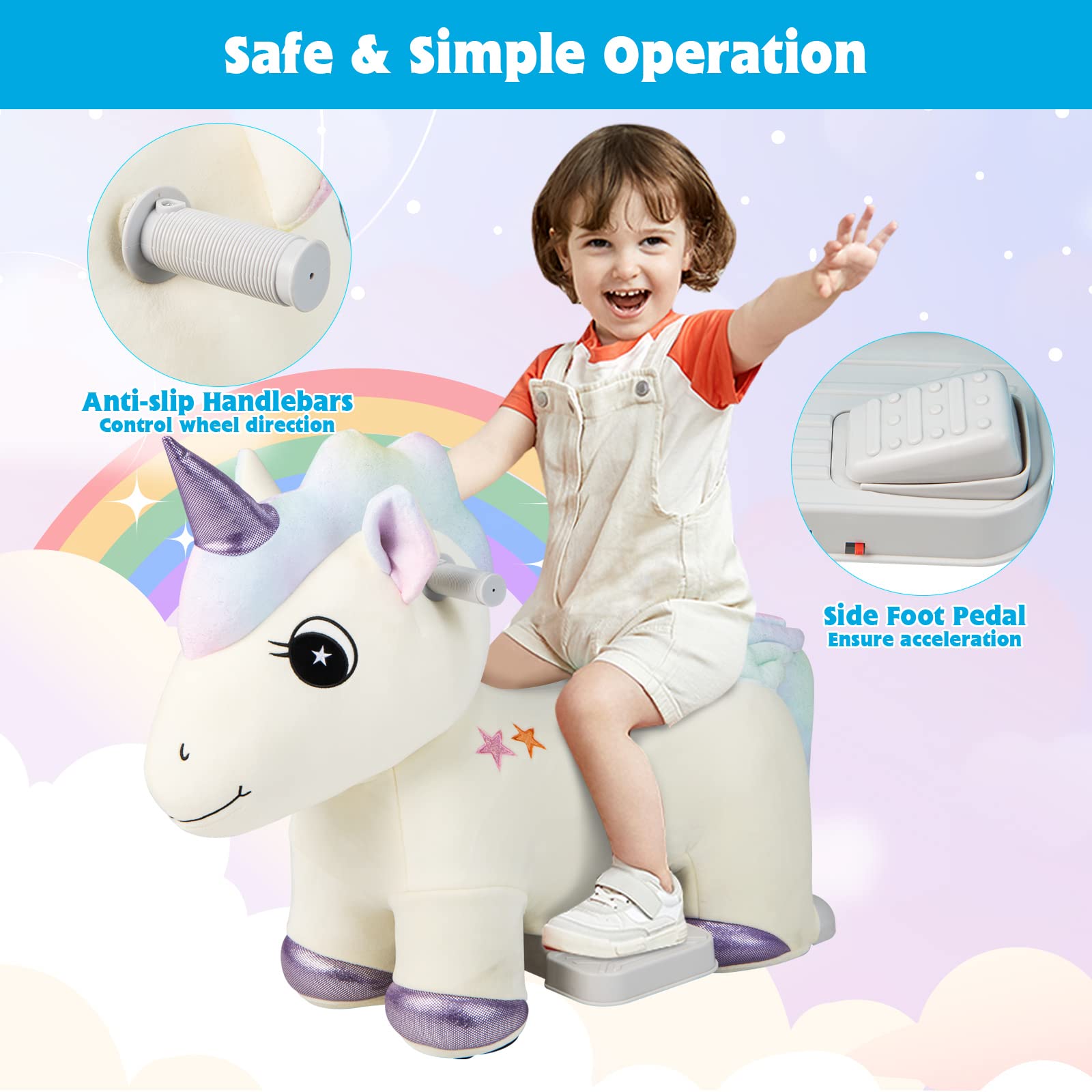 HONEY JOY Kids Ride On Toy, 6V Electric Unicorn Ride On Toy w/Anti-Slip Handlebars, Flexible Wheels & Foot Pedal