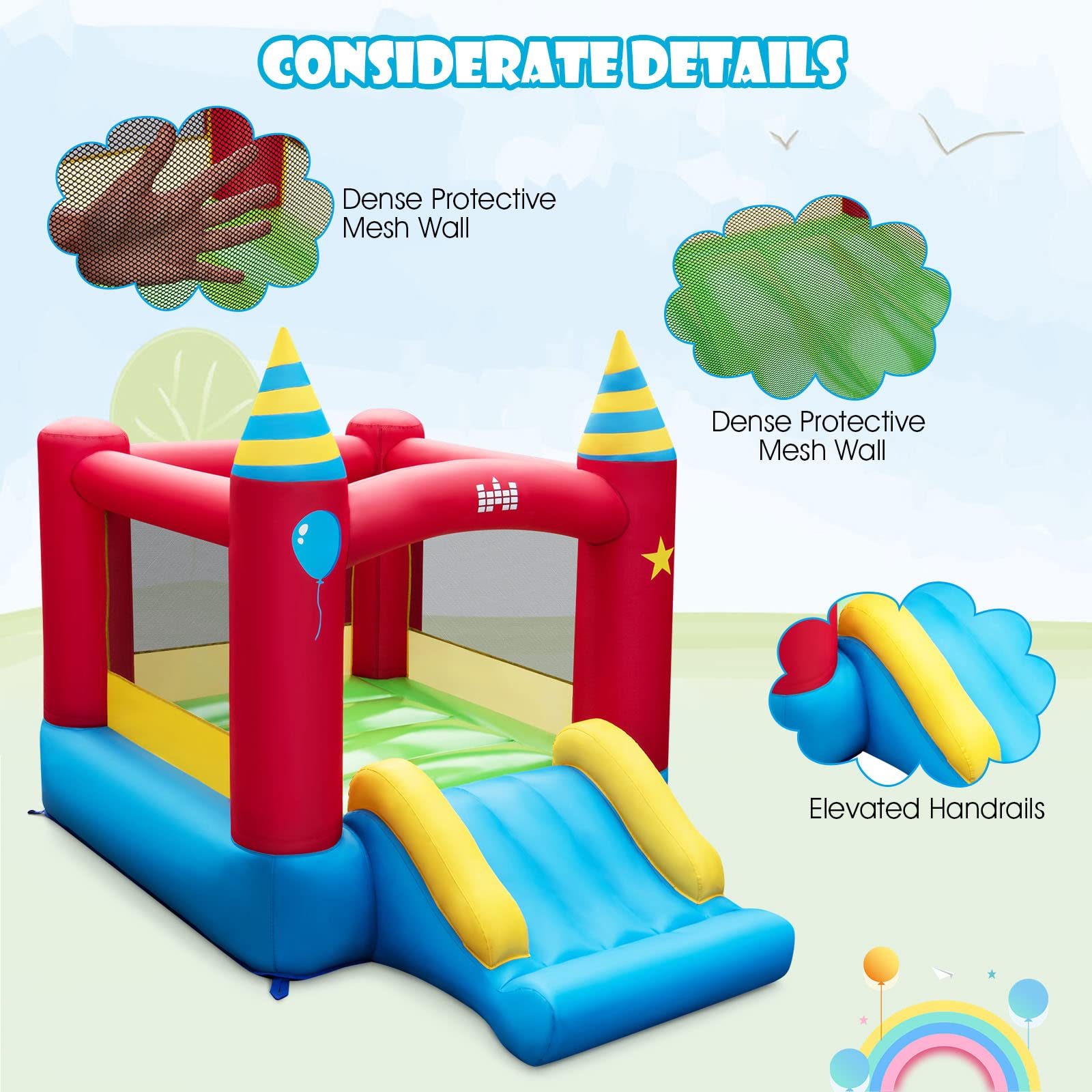 Inflatable Bounce House, Kids Bouncy Castle w/Large Jumping Area & Wide Slide