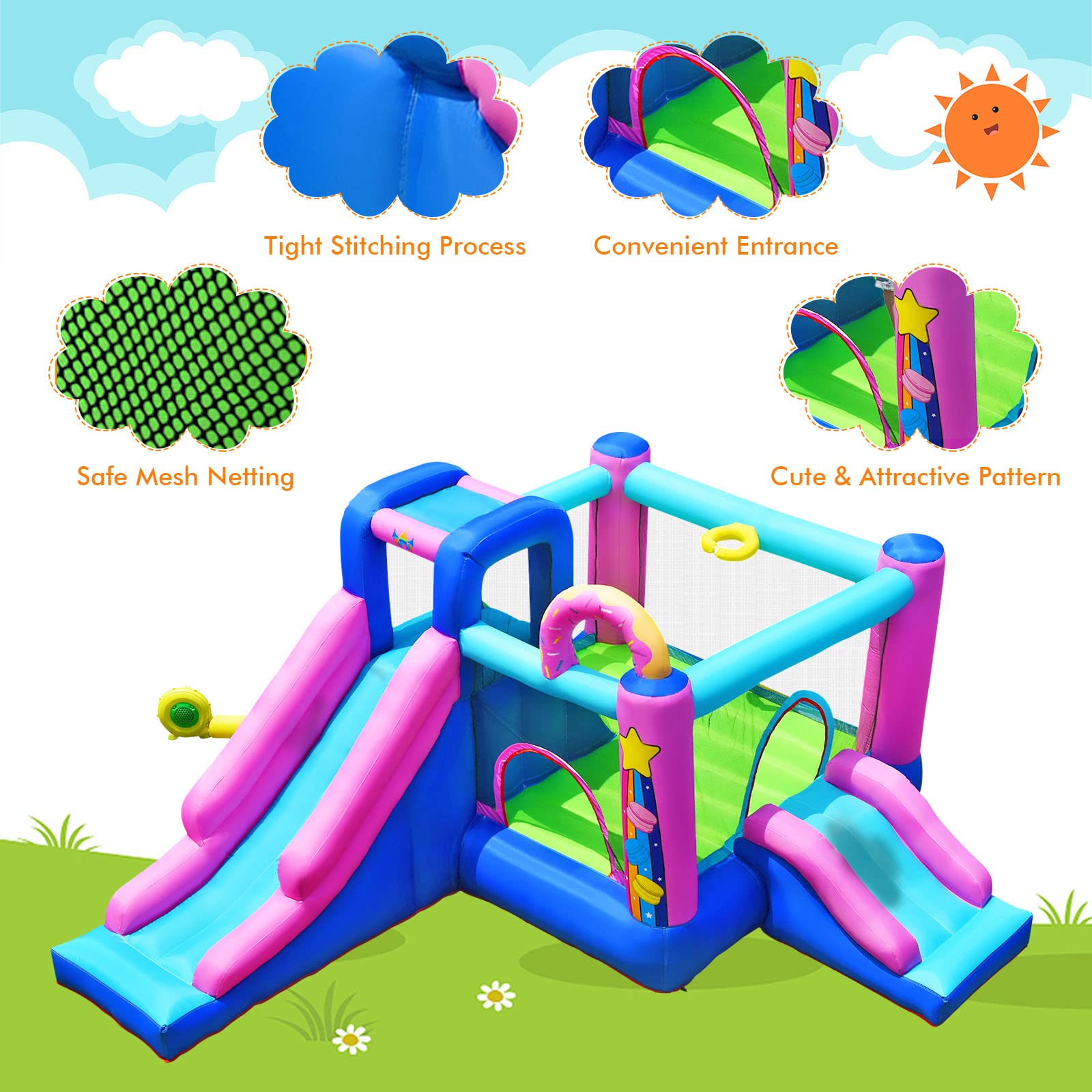 HONEY JOY Inflatable Bounce House, 5 in 1 Kids Jumper Bouncer w/2 Slides, Jumping Area