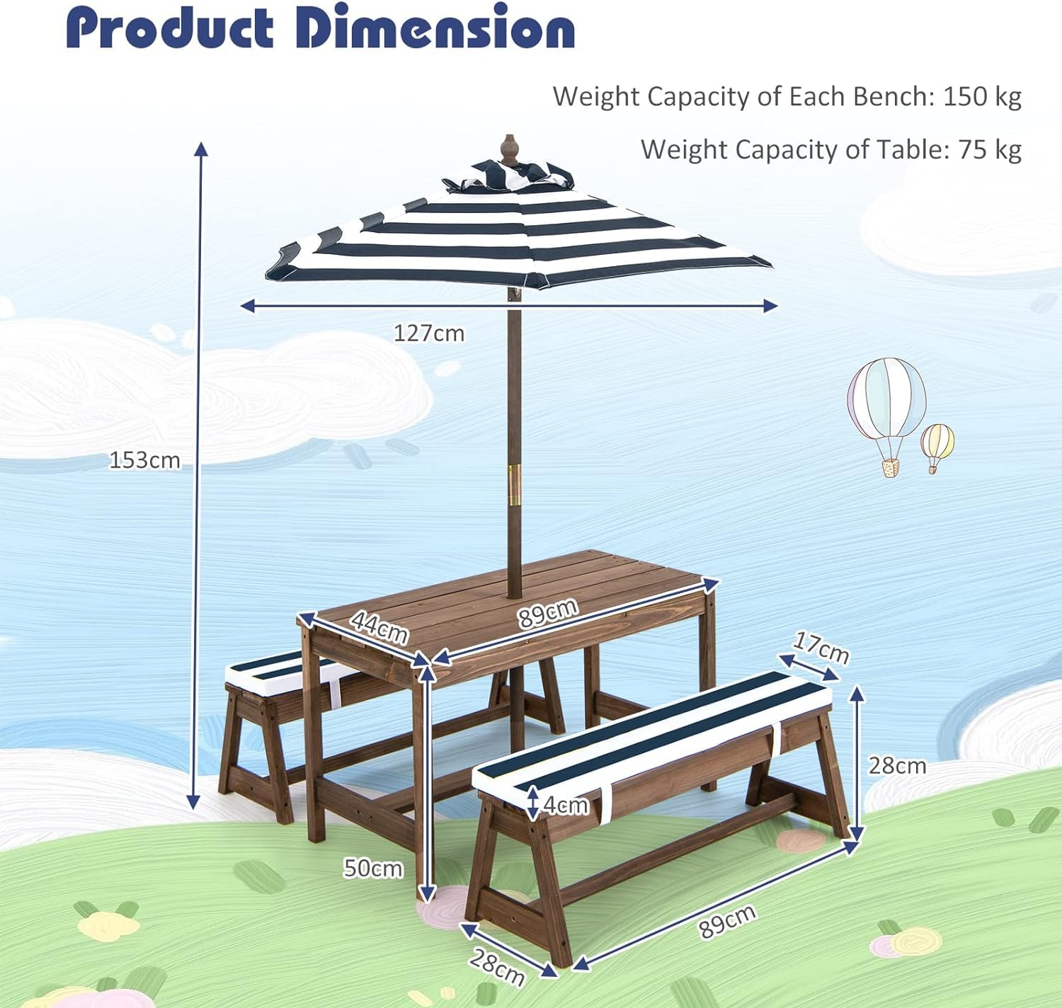 HONEY JOY Kids Picnic Table Bench Set, Wooden Kids Outdoor Furniture with Umbrella, Sponge Cushions