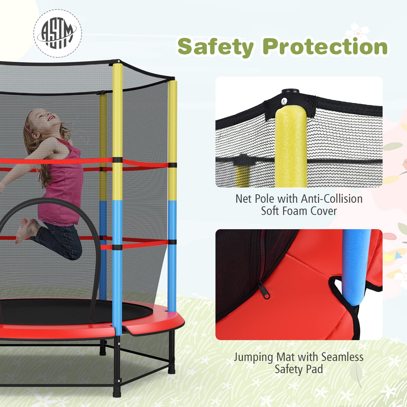 HONEY JOY 55" Kids Trampoline with Safety Enclosure Net, Mini Toddler Trampoline