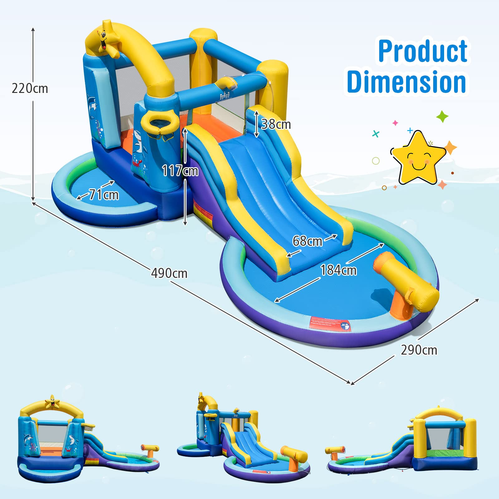 Inflatable Water Slide, Inflatable Water Park Jumping Castle w/2 Splash Pools, Basketball Hoop