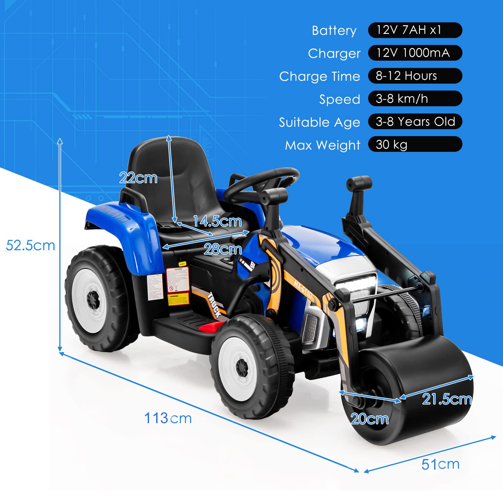 HONEY JOY Ride on Car, 12V Road Roller with Remote Control, Battery Powered Electric Tractor w/Adjustable Drum Roller