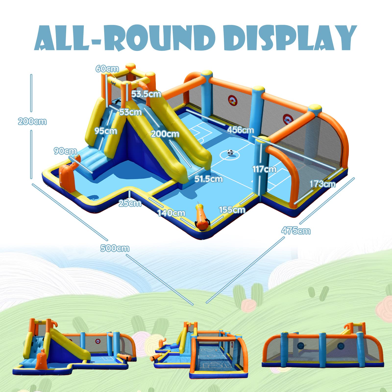 Inflatable Water Slide, 7-in-1 Long Slide Giant Water Park Wet Dry Combo with Water Soccer Splash Pool