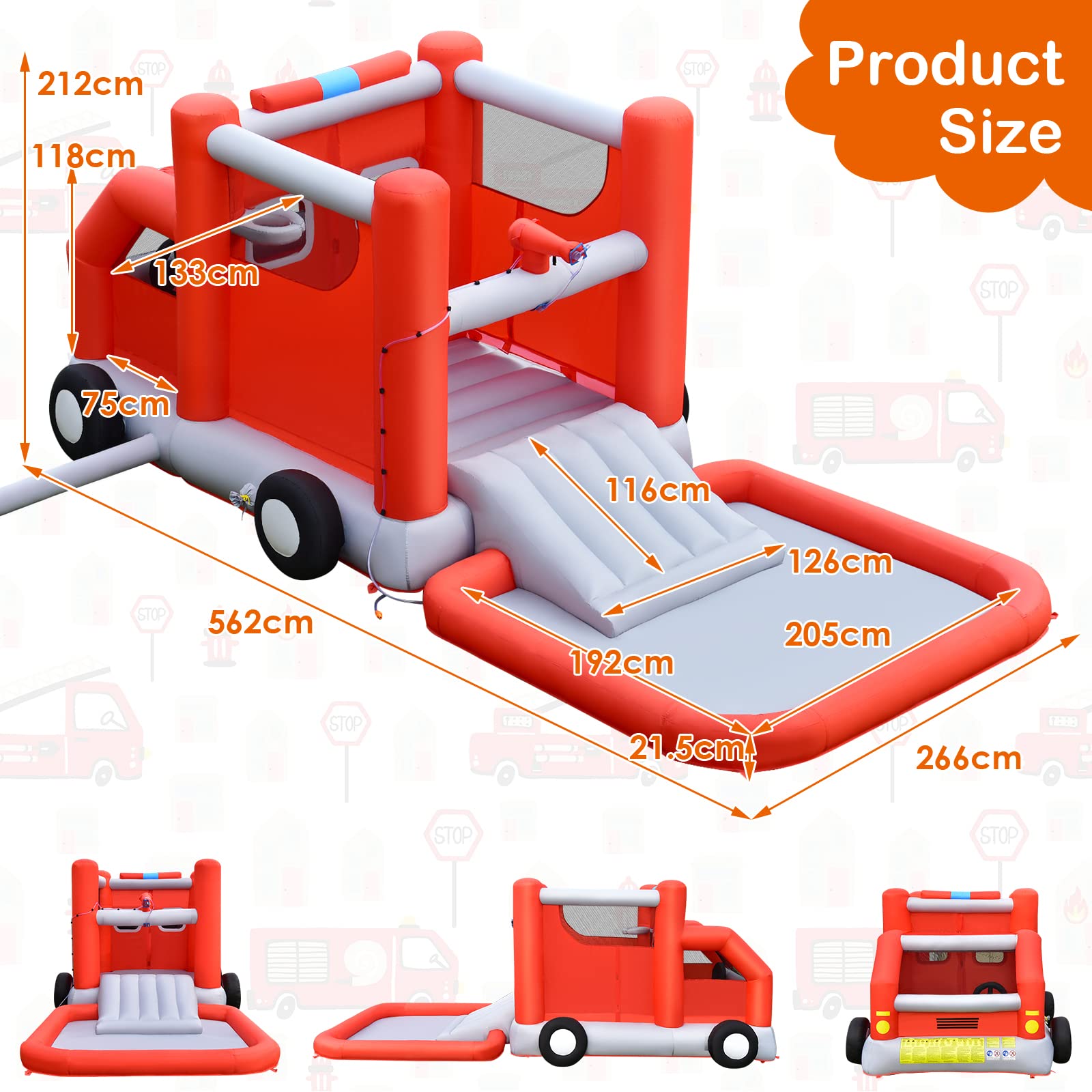 HONEY JOY Inflatable Water Slide, 4 in 1 Fire Truck Water Park Wet & Dry Combo