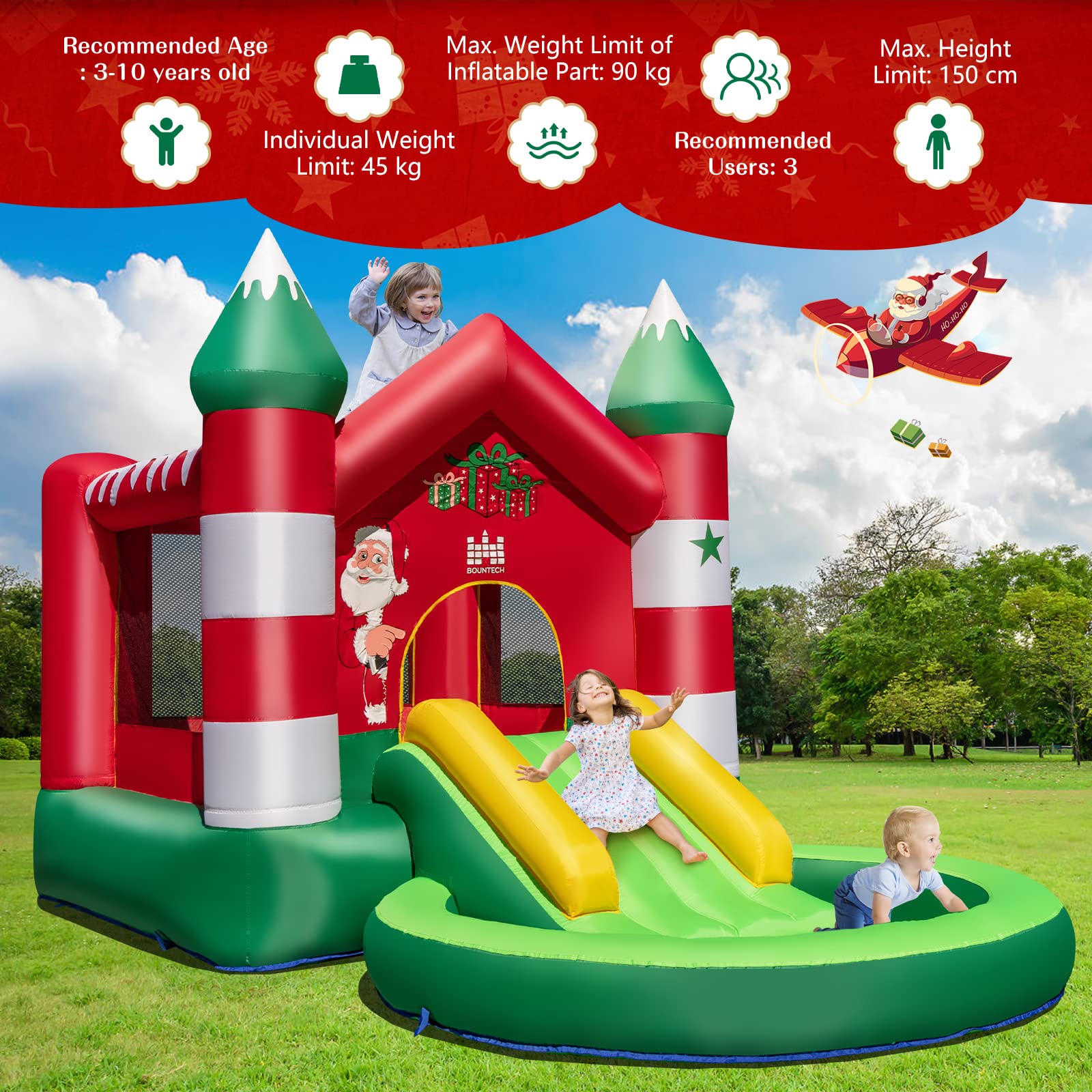 HONEY JOY Inflatable Bounce House, Christmas Themed Jumping Castle w/Slide, Trampoline(with 450W Blower)