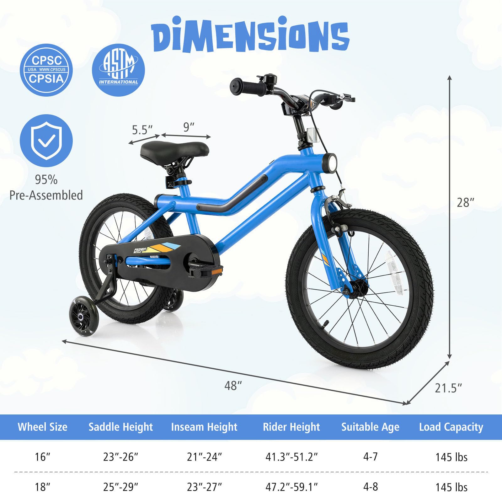 16Inch Children Bicycle with 7-Mode LED Lighted Frame, Headlight, Flash Training Wheels, Dual-Brake, 95% Pre-Assembled