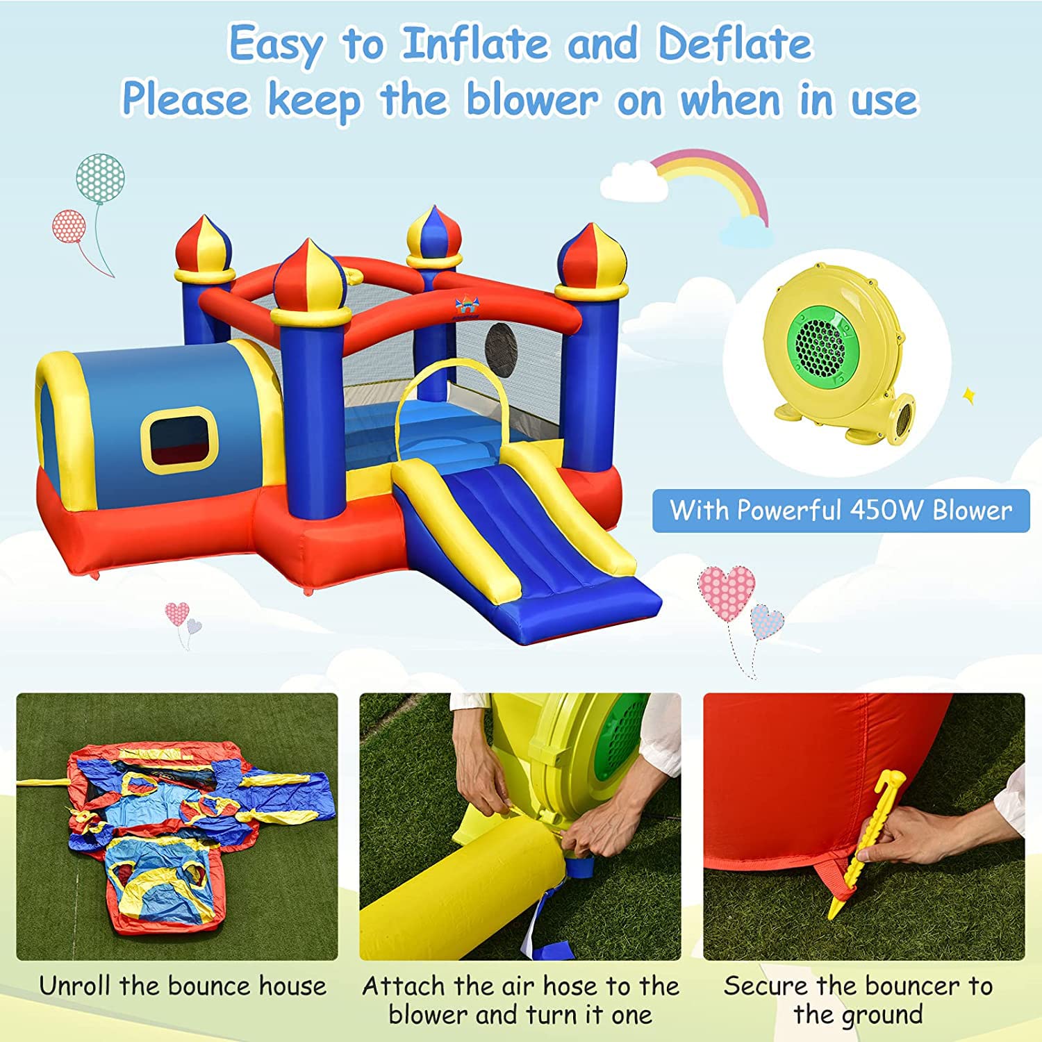 HONEY JOY Inflatable Bounce House, 5 in 1 Bouncy Castle for Kids with Playhouse(with 450W Blower)