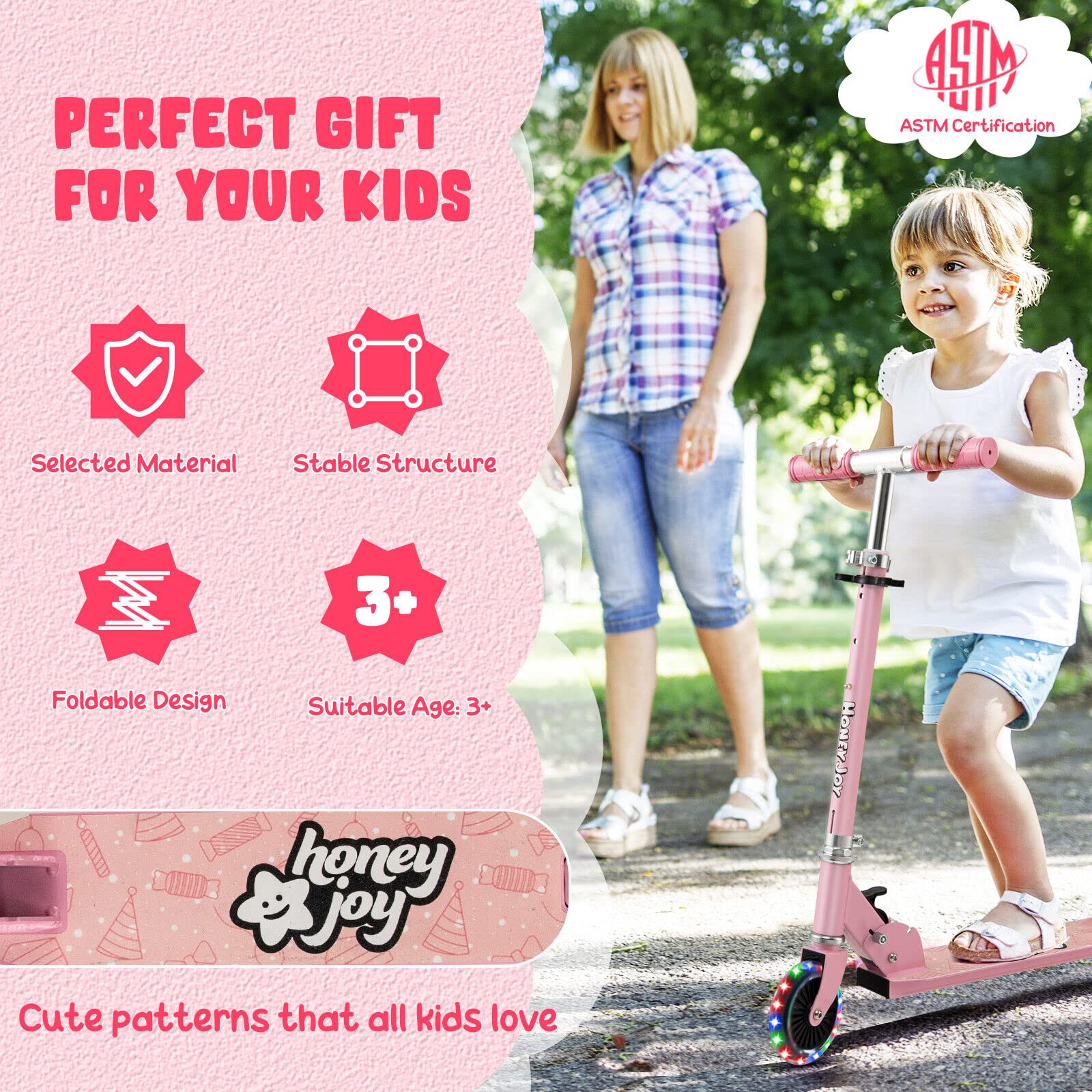 HONEY JOY Kids Folding Kick Scooter, Scooter for Toddlers w/3 Adjustable Heights, 2 Light Up Flashing Wheels & Rear Brake System