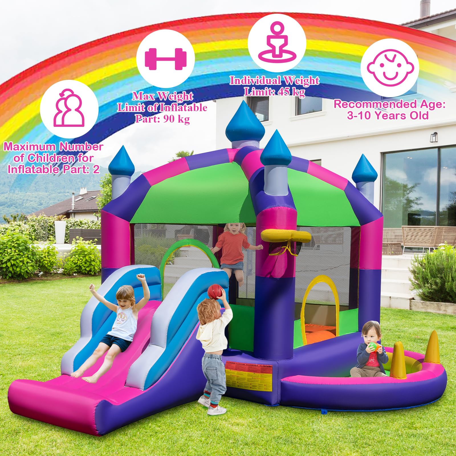 HONEY JOY Inflatable Bounce House, 5-in-1 Jumping Castle w/Sun Roof, Slide, Basketball Hoop