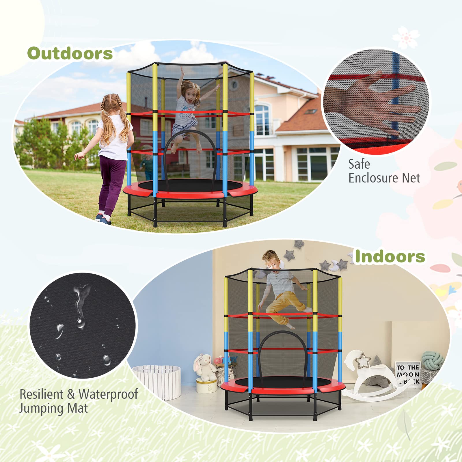 HONEY JOY 55" Kids Trampoline with Safety Enclosure Net, Mini Toddler Trampoline