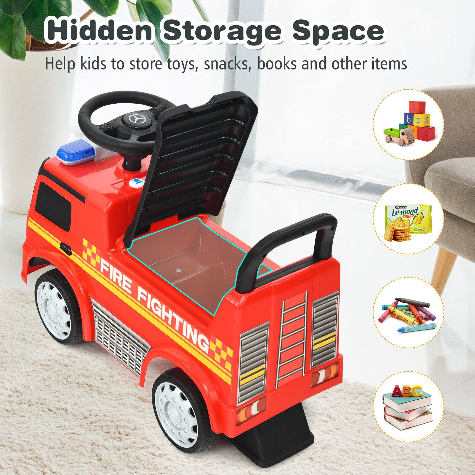 HONEY JOY Kids Ride On Car, Benz Licensed Fire Engine w/Storage Space, Steering Wheel, Backrest, Red