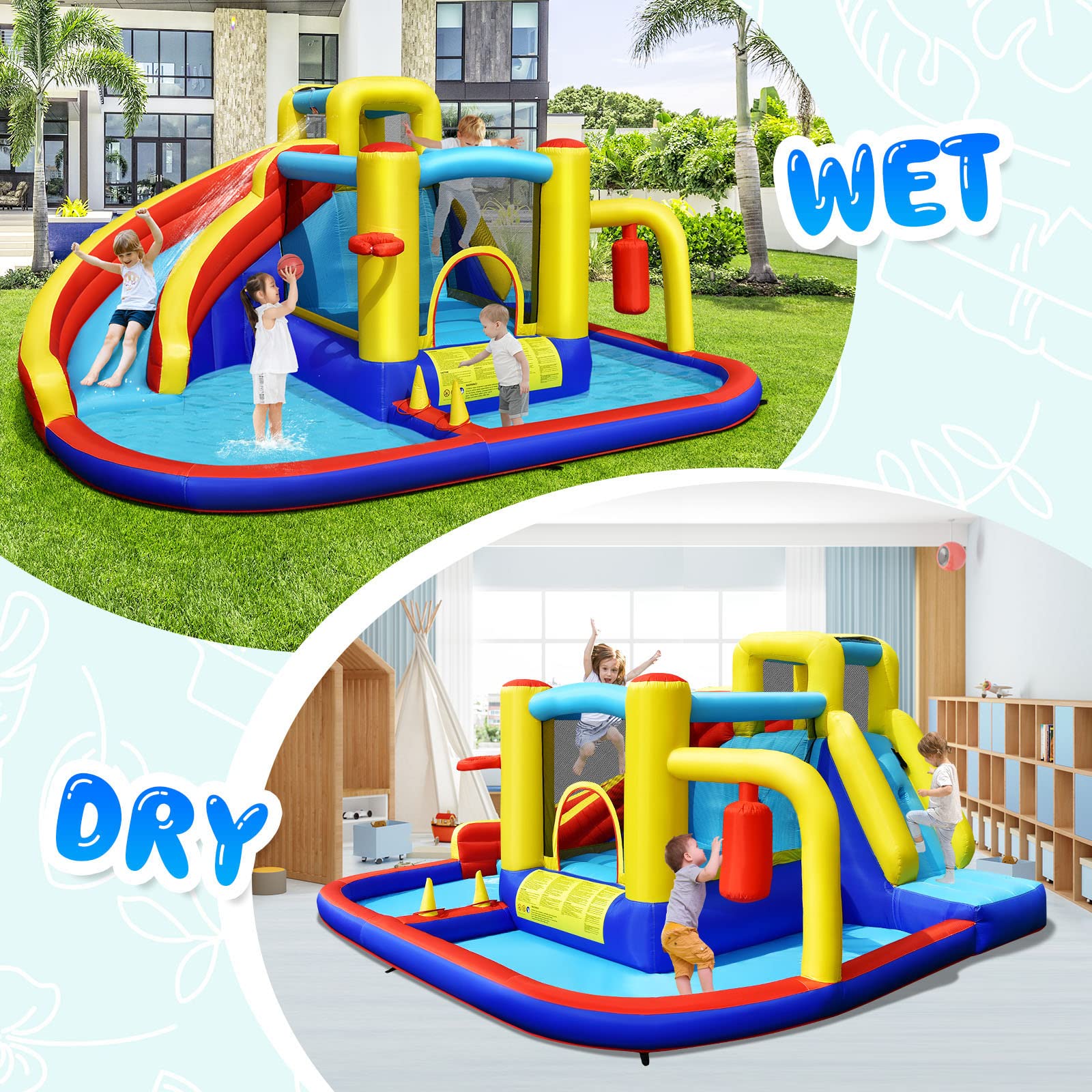 HONEY JOY Inflatable Water Slide, 7-in-1 Outdoor Kids Water Bounce House Jumping Castle(with 680W Blower)