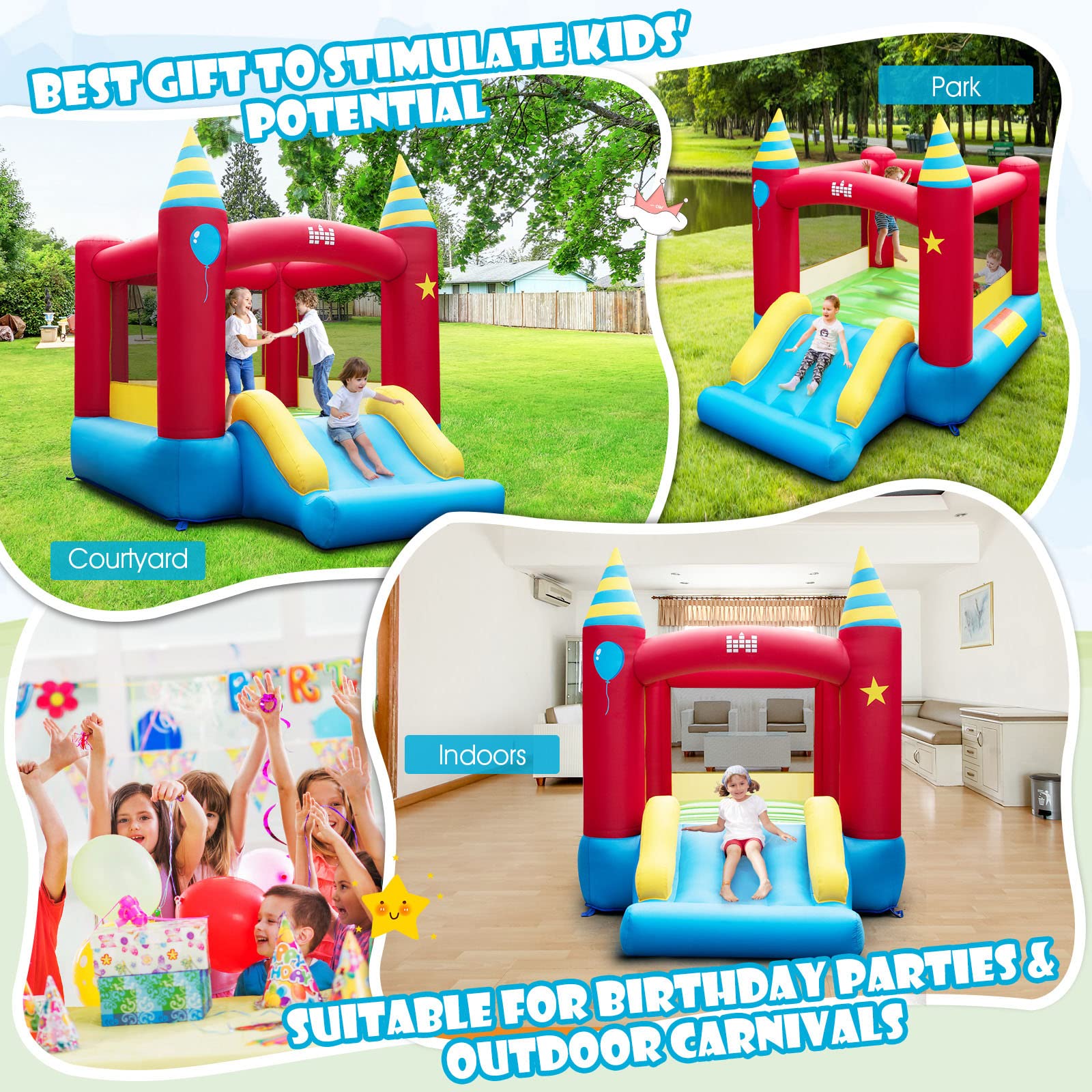 Inflatable Bounce House, Kids Bouncy Castle w/Large Jumping Area & Wide Slide