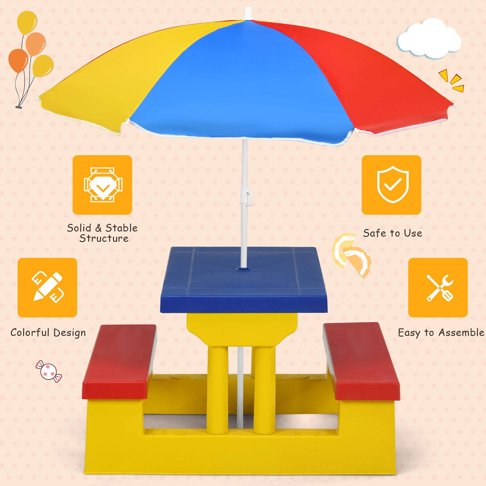 HONEY JOY Kids Picnic Table Set, Table Bench Set for Toddlers w/Removable Umbrella