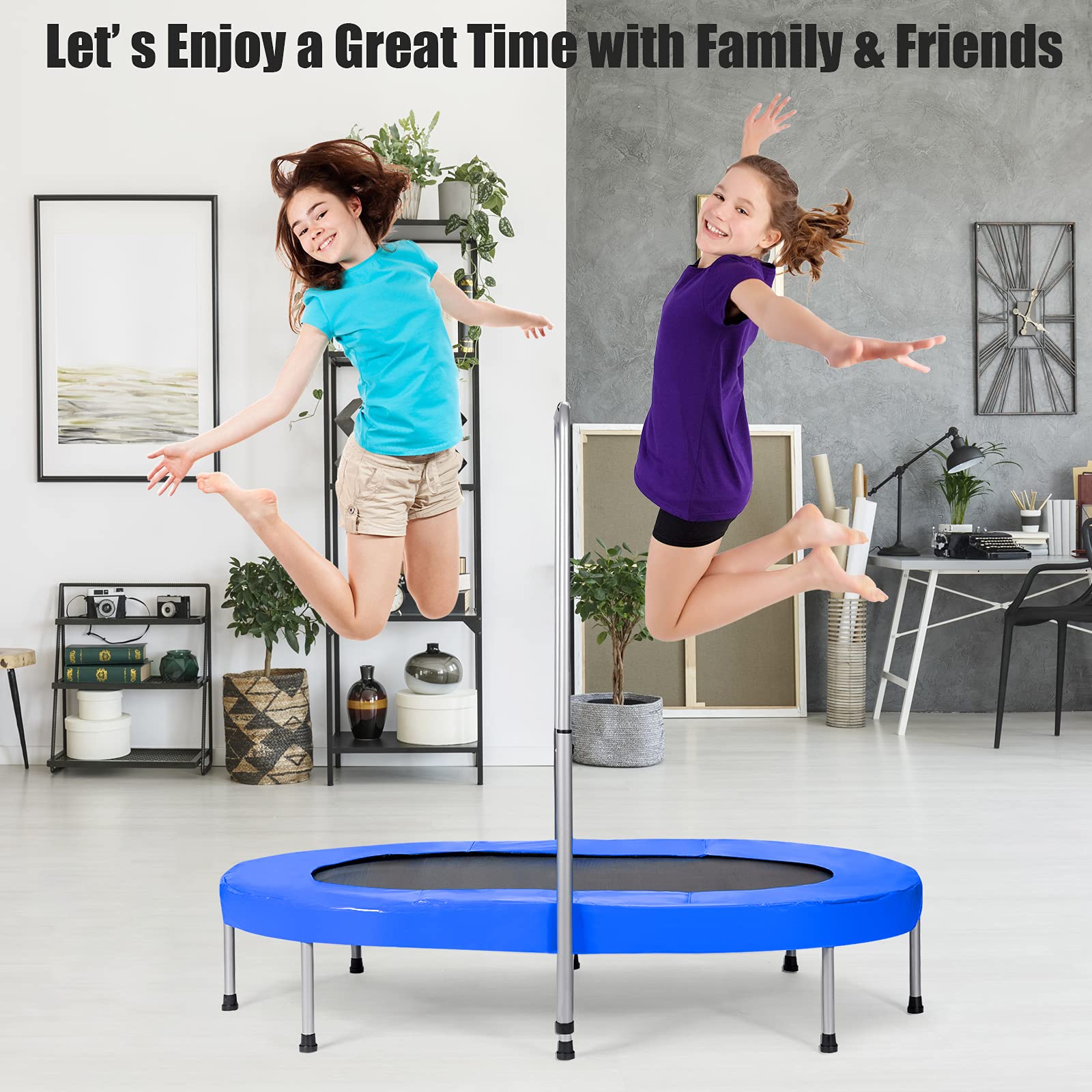 HONEY JOY Double Trampoline for 2 Kids, Children Foldable Jumping Fitness Trampoline w/Adjustable Handrail & Safety Pad