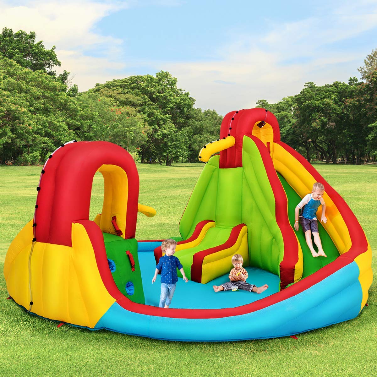 Costway Inflatable Water Park Jumping Castle, Kids Jumping Bounce House w/ 680W Air Blower