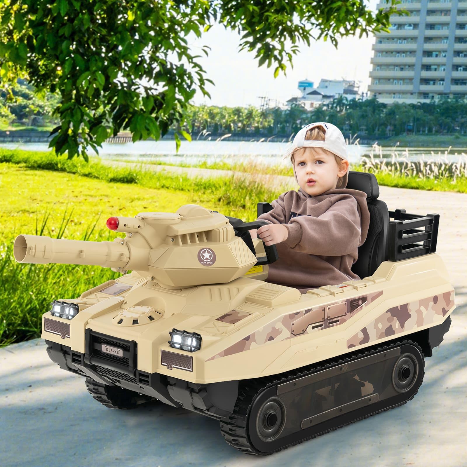 HONEY JOY Electric Kids Ride On Tank, 12V Battery Powered Toy Tank with Rubber Tracks, Rotatable Turret & Working Cannon