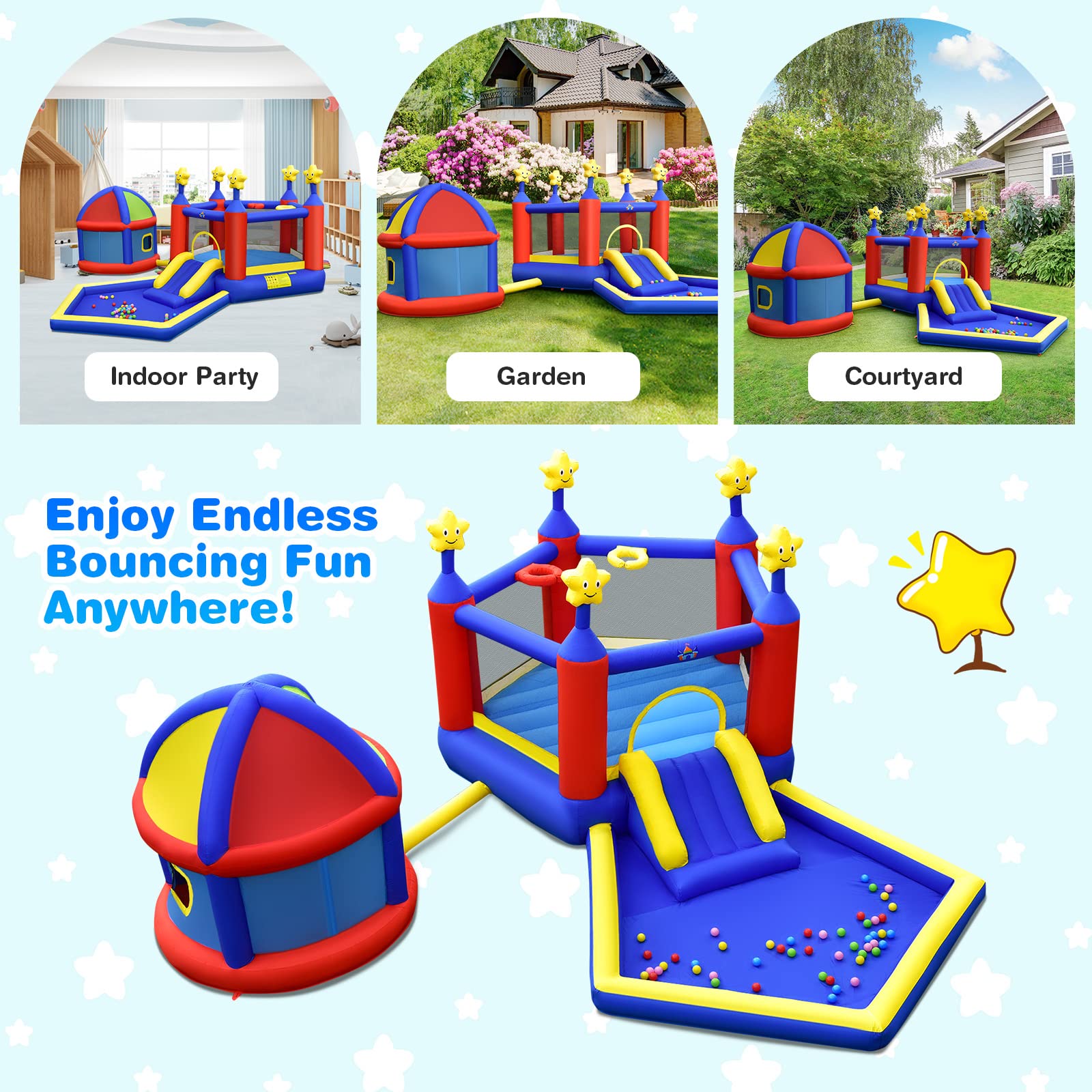 HONEY JOY Inflatable Bounce House with Playhouse, 5-in-1 Star Themed Bouncy Castle